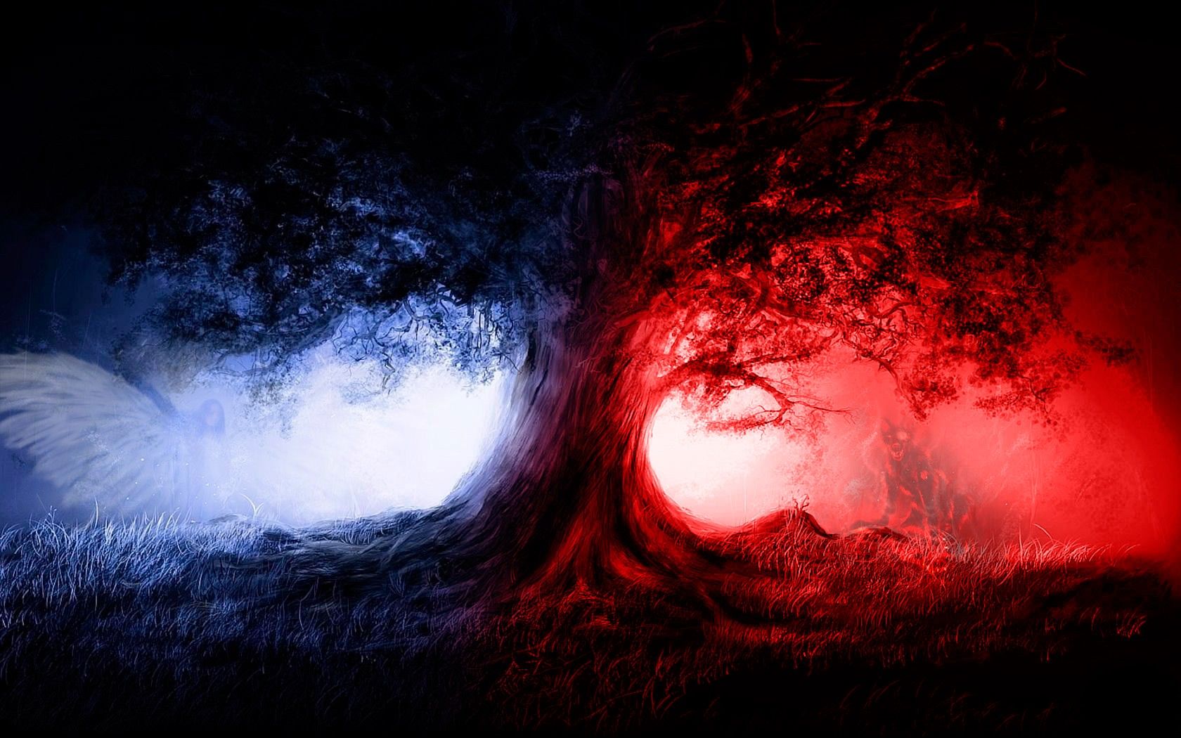 wolves, angel, Red and Blue wallpaper