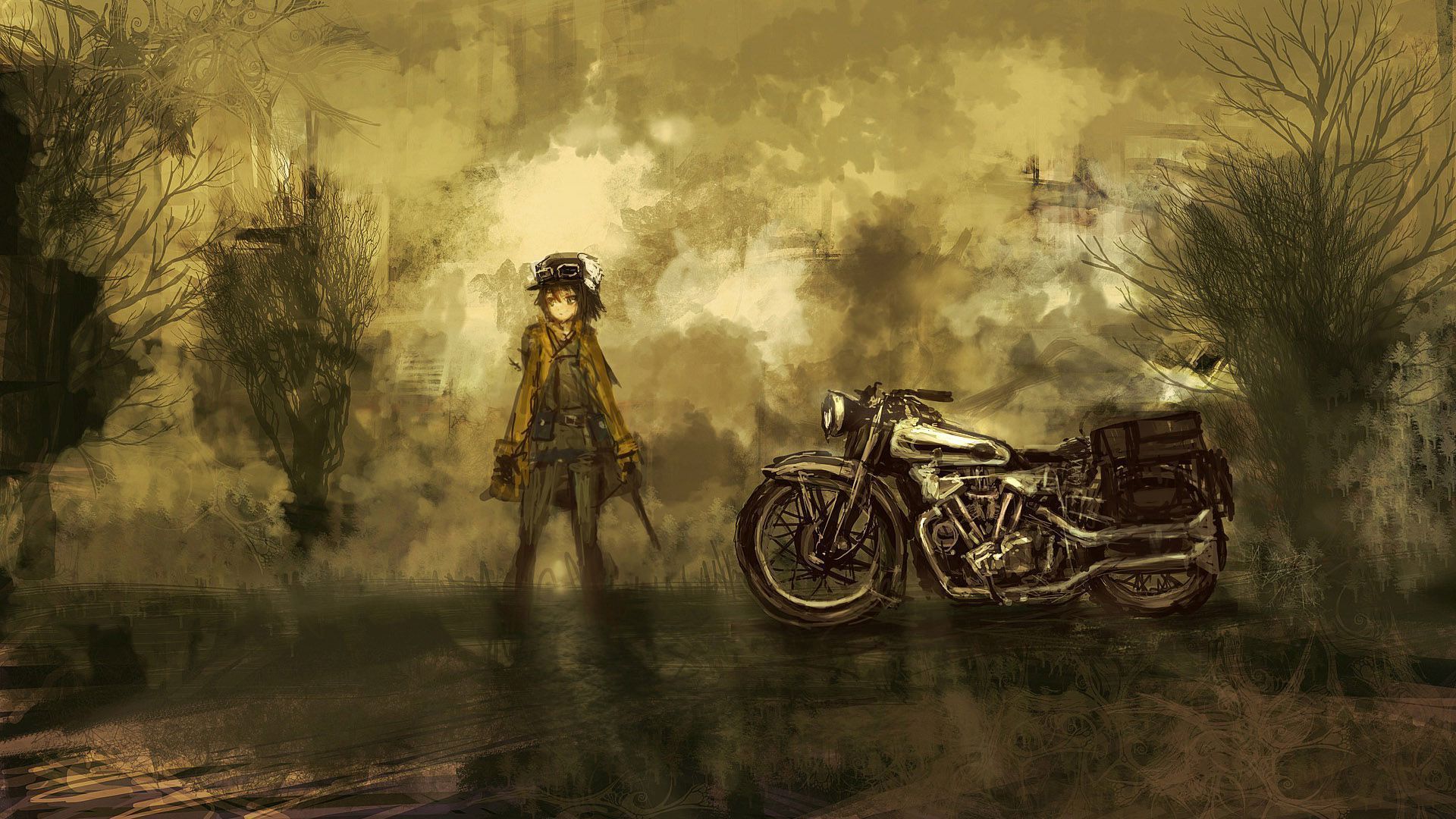 Kino kino no tabi lm7 (op-center) motorcycle tree wallpaper, 1600x1020, 75369