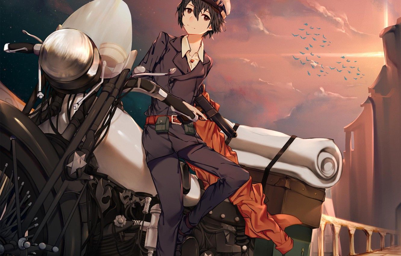 Wallpaper sunset, motorcycle, guy, Kino's Journey image