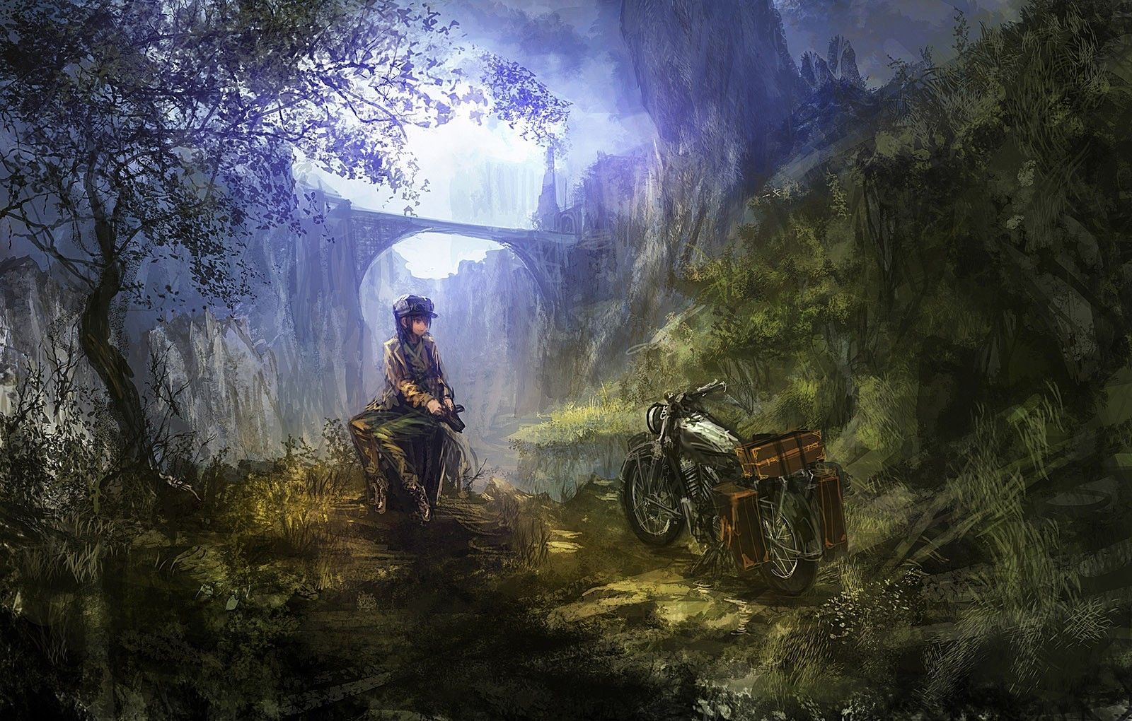 motorcycle #bridge #artwork #anime girls #Kinos Journey #Kino no