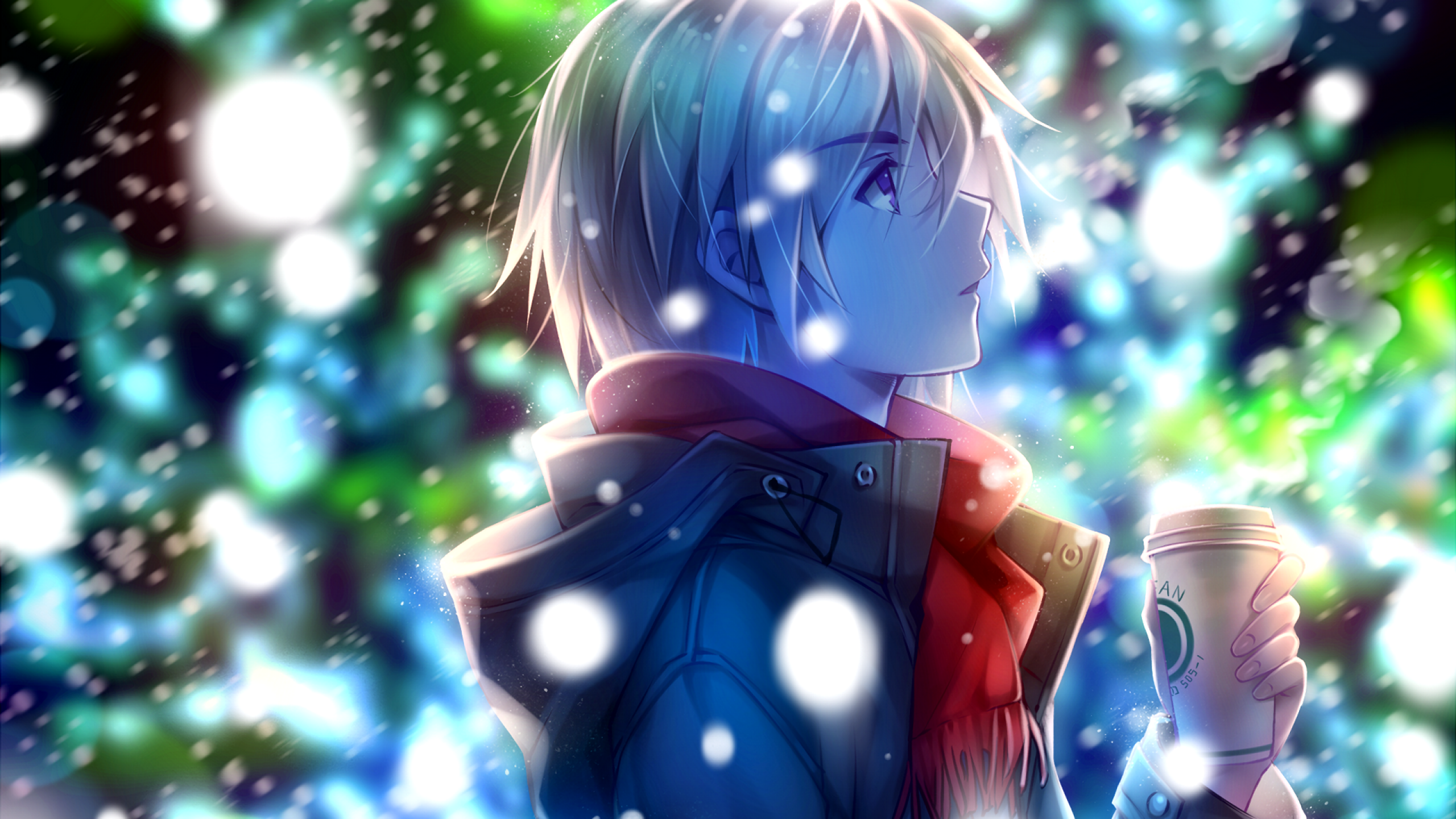 Download 2560x1440 Anime Boy, Profile View, Red Scarf, Winter