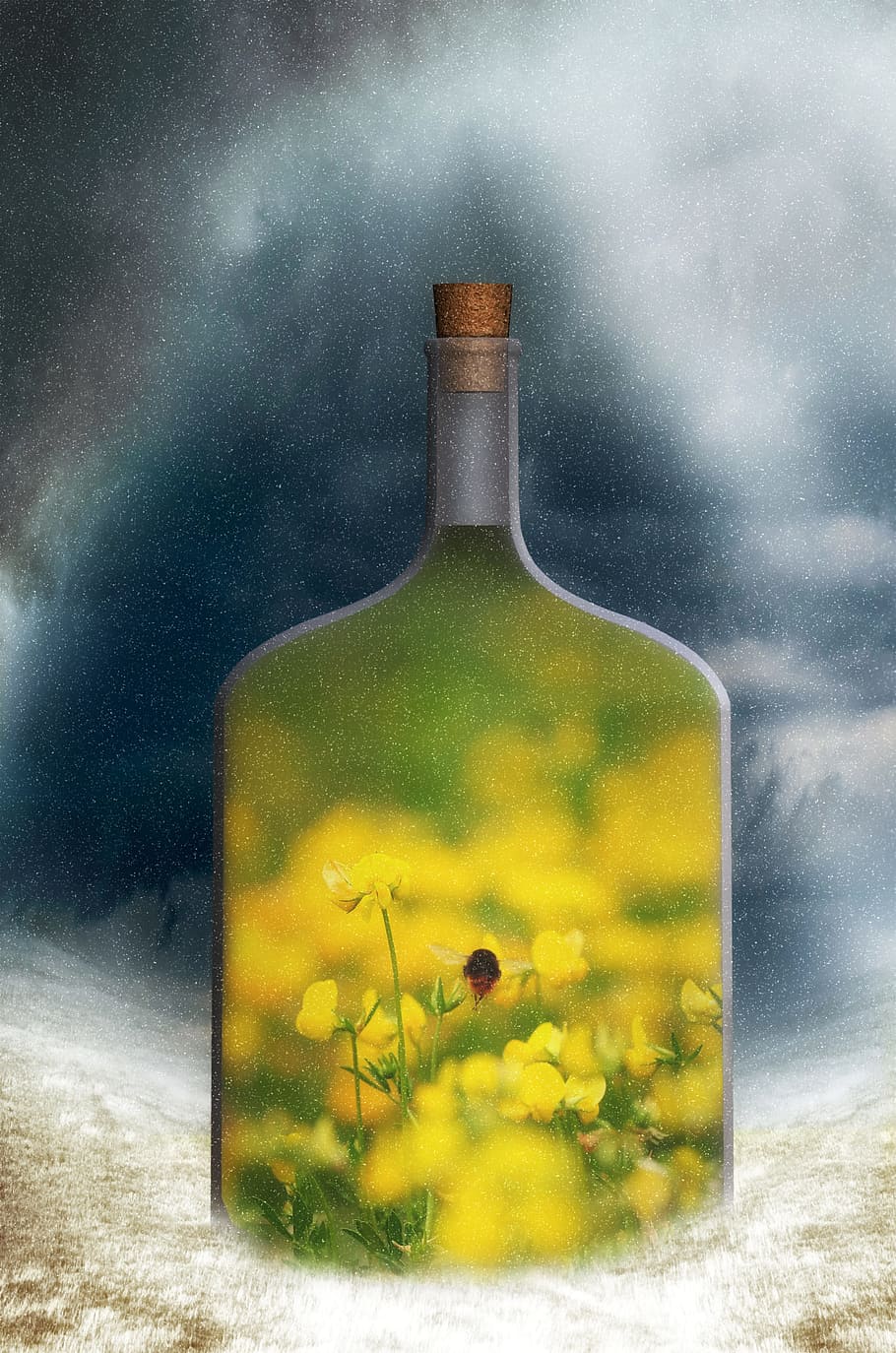 HD wallpaper: yellow petaled flower and bottle painting, fantasy
