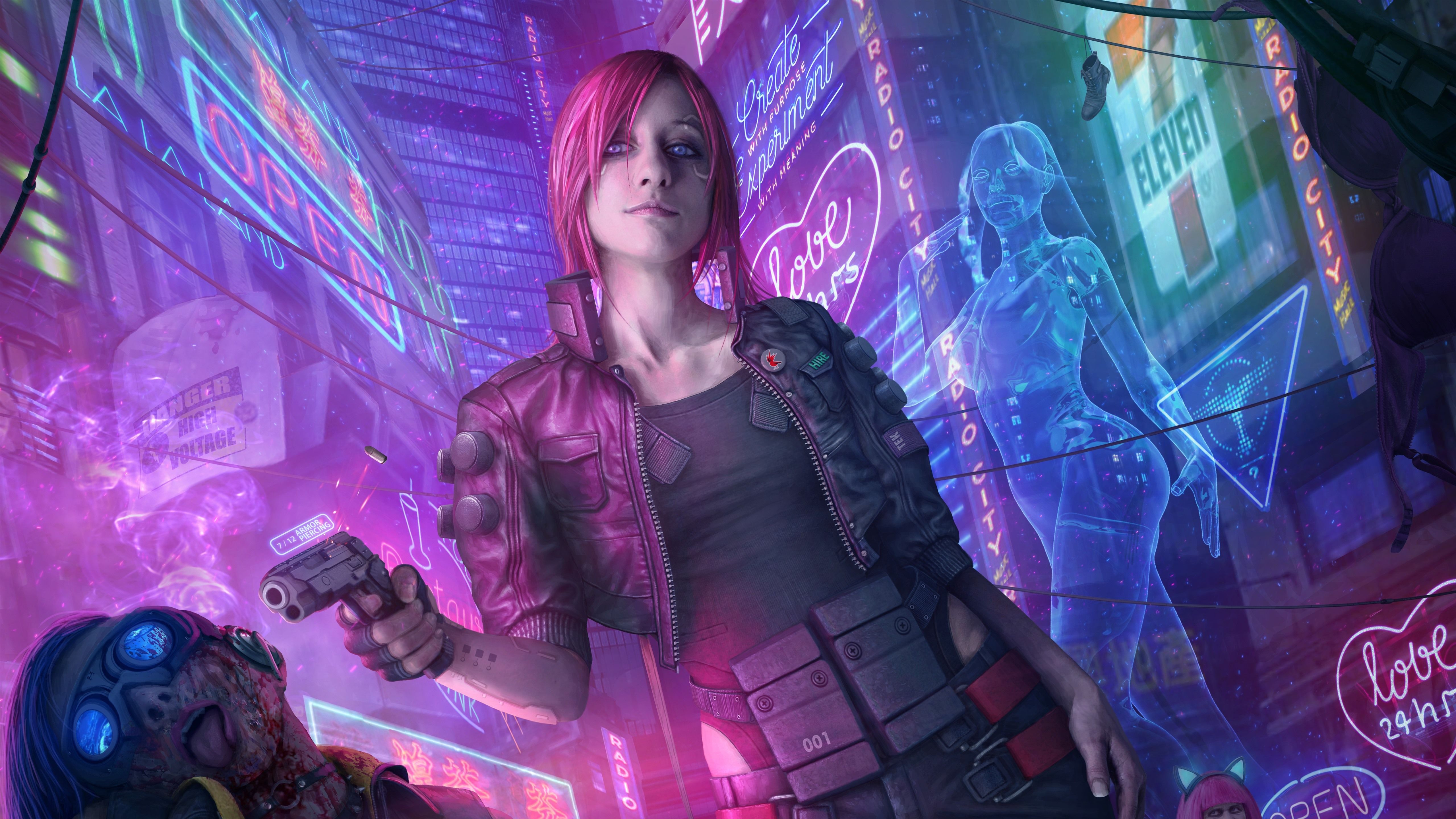 Wallpaper Cyberpunk pink hair girl, gun, city 5120x2880 UHD