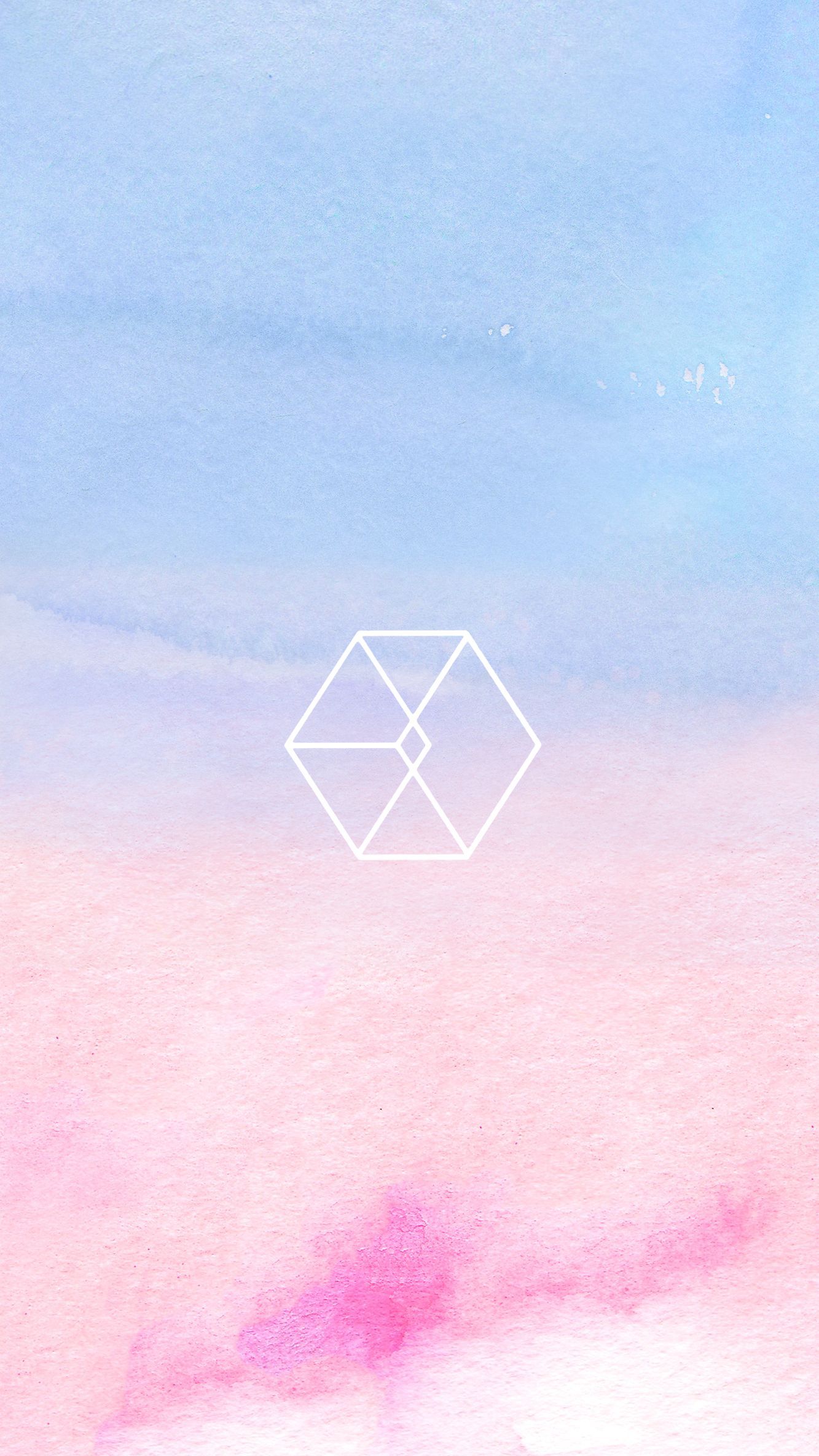 EXO's symbol over a pink and blue watercolor background