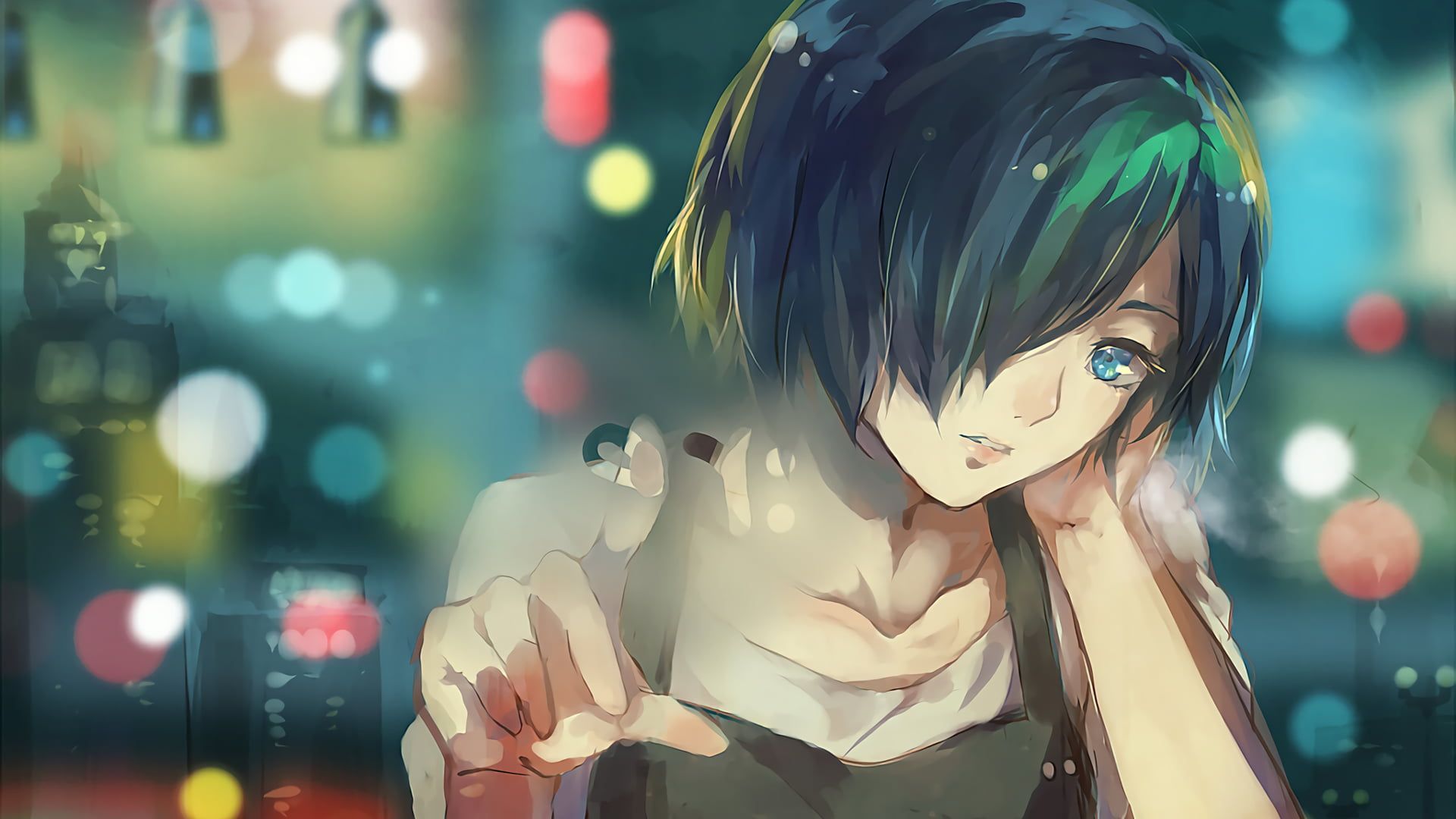 green haired female anime character illustration, woman in black