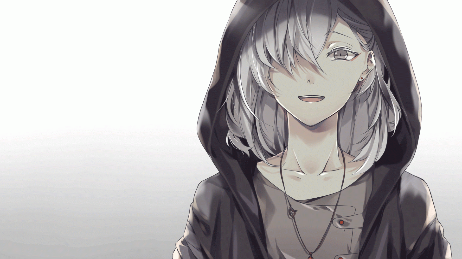 Wallpaper Anime Boy, White Hair, Hoodie, Smiling, Necklace, Gray