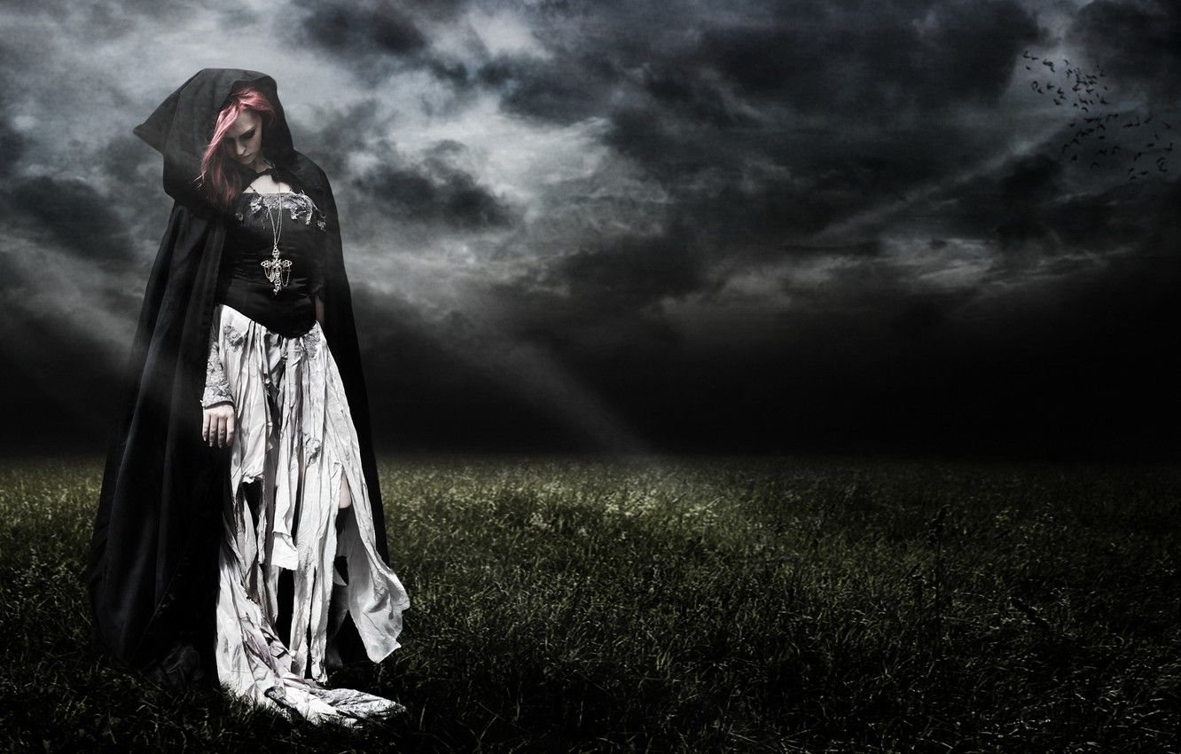 Wallpaper field, girl, night, clouds, rendering, dark, art, witch