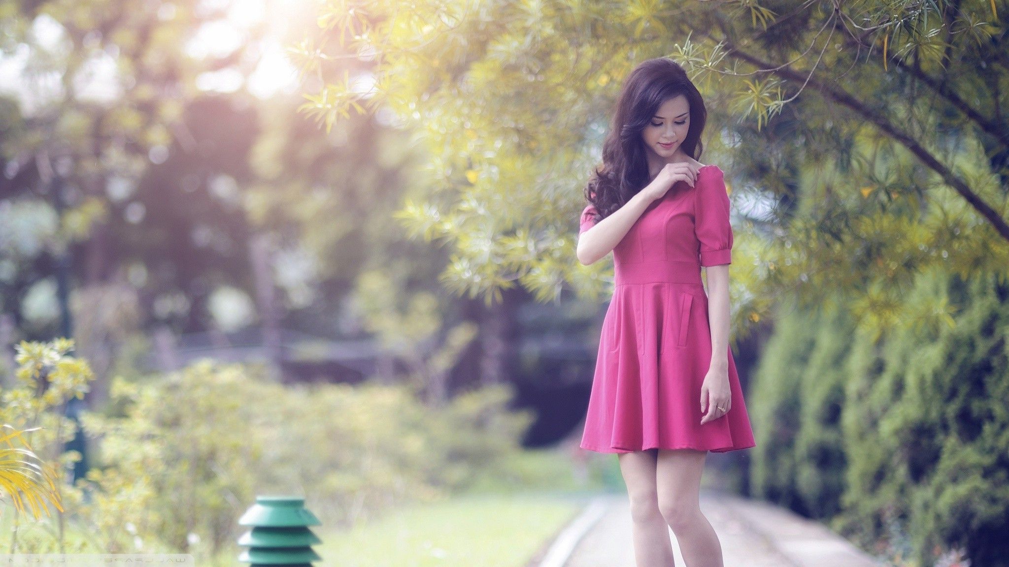 Asian, Red Dress, Garden, Women Wallpaper HD / Desktop and Mobile