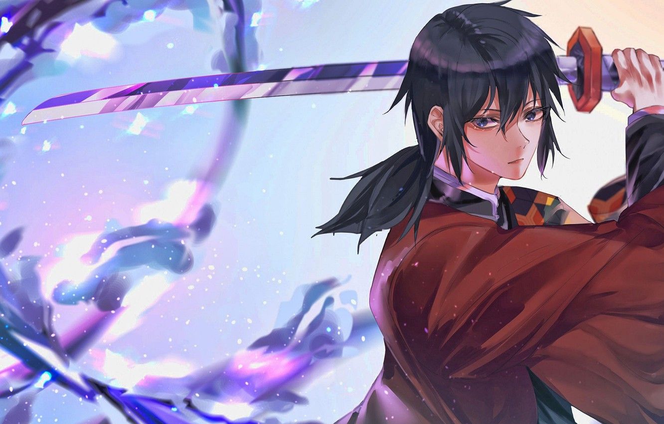 Wallpaper sword, weapon, anime, blue eyes, katana, samurai, artwork, warrior, kimono, Kimetsu no Yaiba, Giyu Tomioka image for desktop, section сёнэн