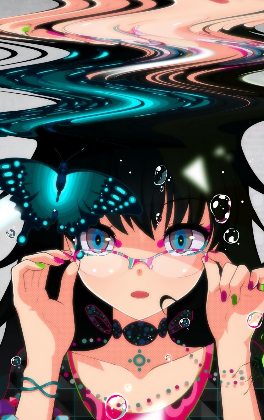 Download 840x1336 wallpaper anime girl, glitch art, bubbles, art