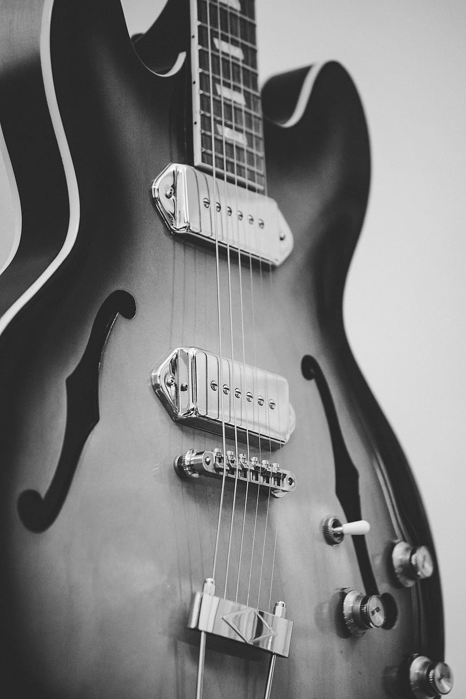 HD wallpaper: greyscale photo of jazz guitar, acoustic jazz guitar