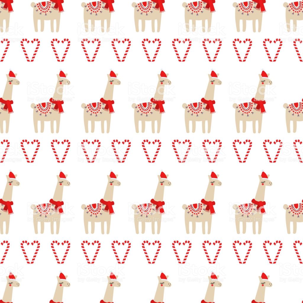 Xmas Seamless Pattern With Cute Lama With Xmas Hat And Candy Cane