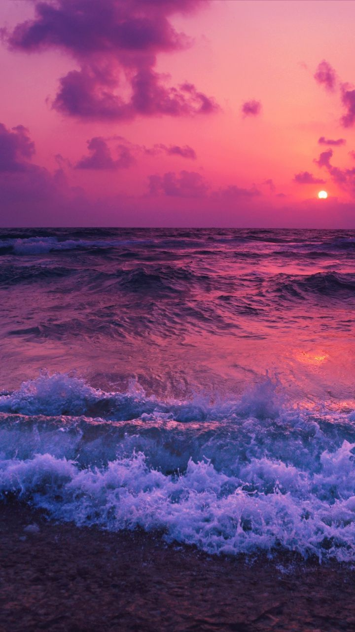 Pink sunset, sea waves, beach, 720x1280 wallpaper. Sunset