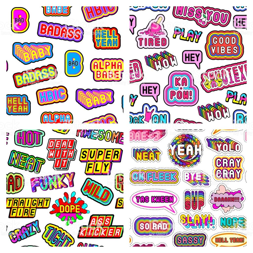 Set Of 4 Seamless Patterns With Modern Slang Phrases Words Quirky