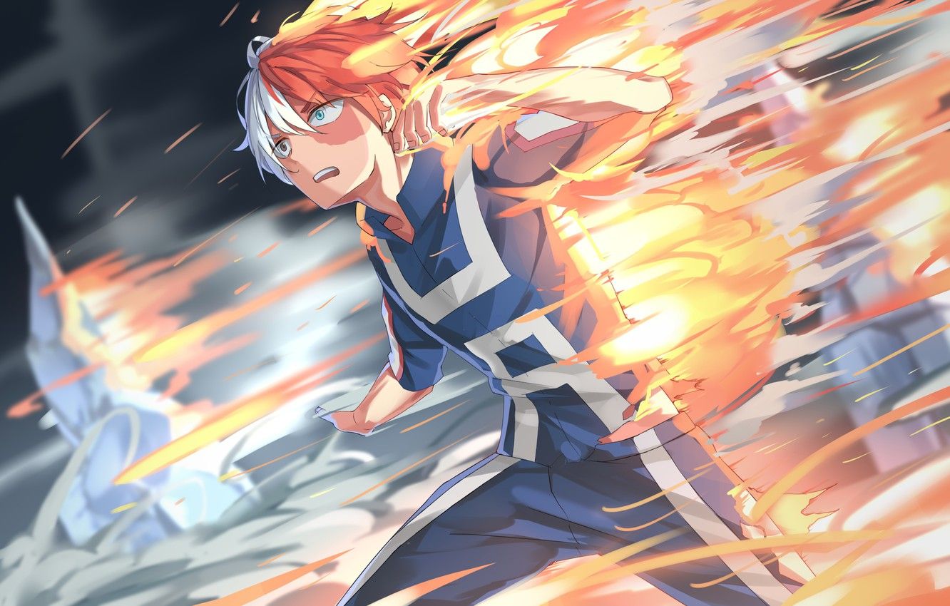 Wallpaper fire, flame, ice, anime, hero, manga, powerful, strong