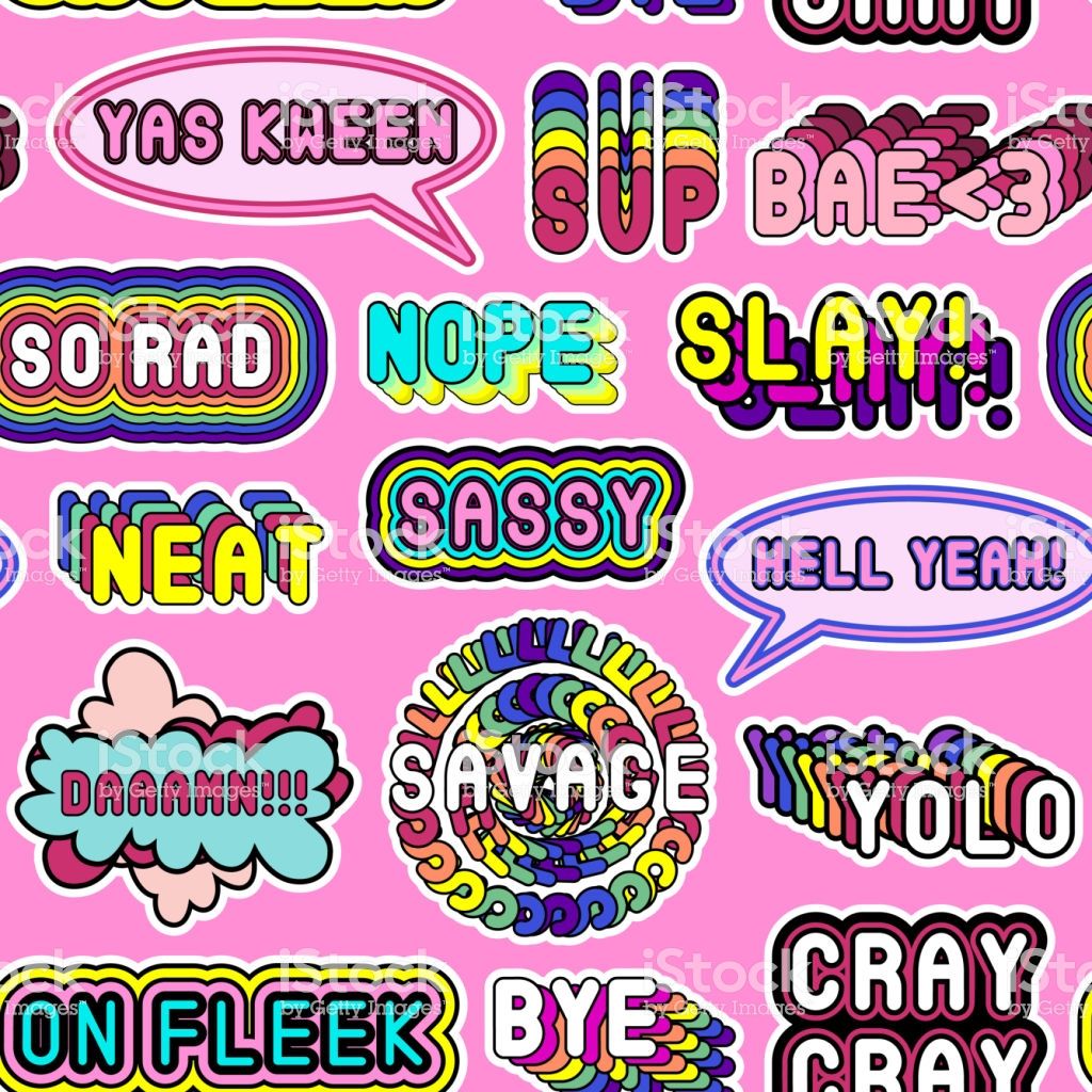 Seamless Pattern With Colorful Patches With Words Yolo Slay Hell