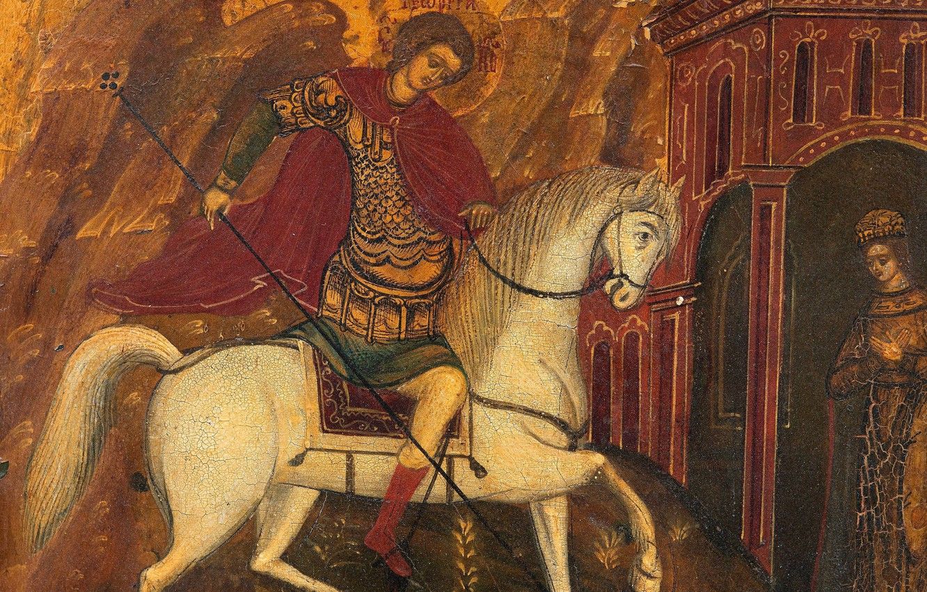 Wallpaper white horse, religious painting, XIXв, St. George