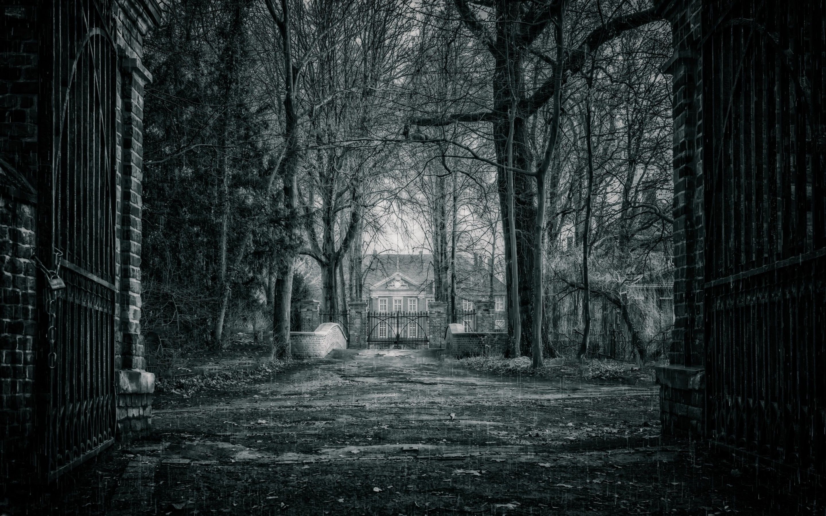 Download 2880x1800 Mystical House, Monochrome, Garden, Mansion
