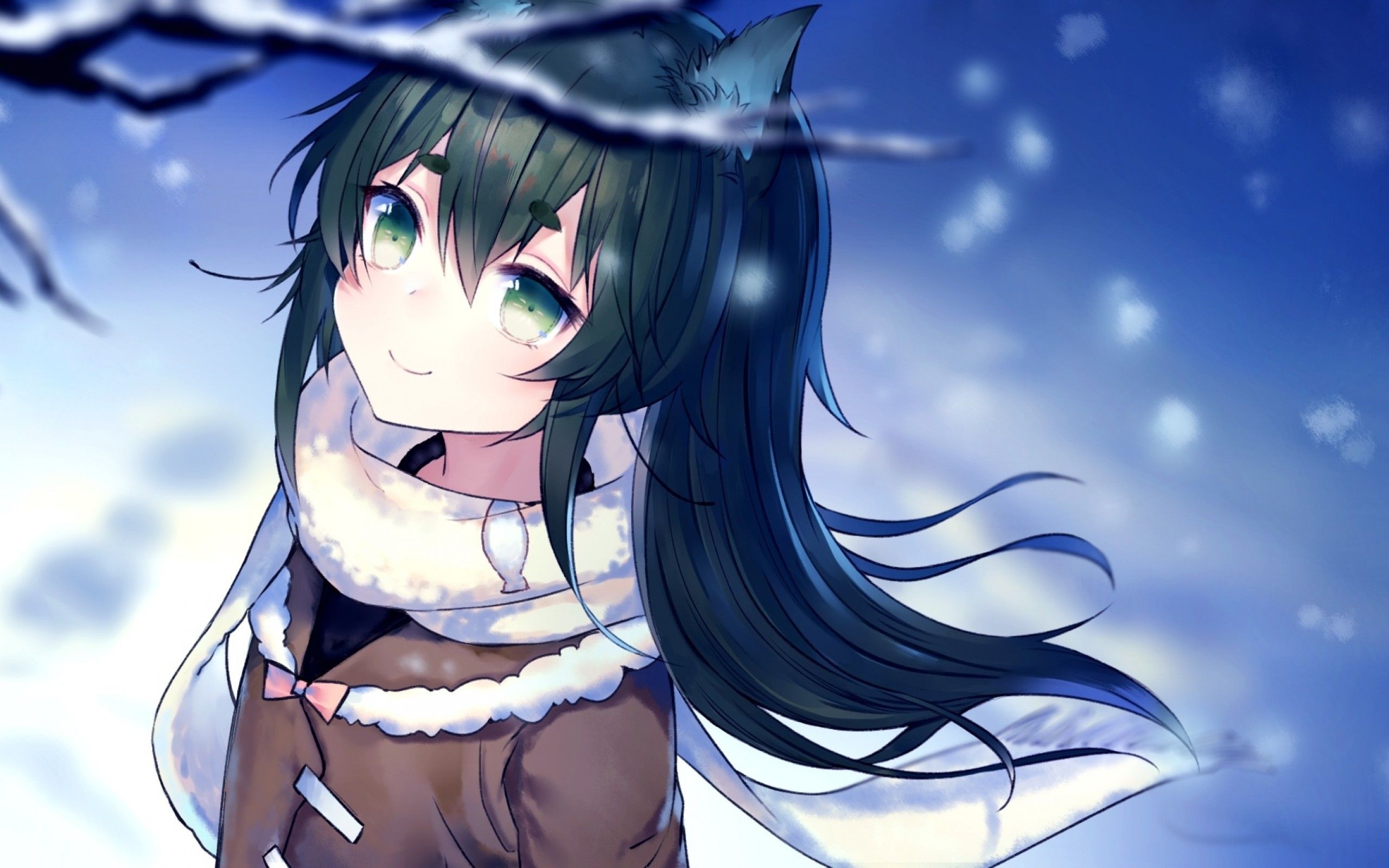 Download 2560x1600 Anime Wolf Girl, Smiling, Scarf, Snow, Black Hair, Animal Ears Wallpaper for MacBook Pro 13 inch
