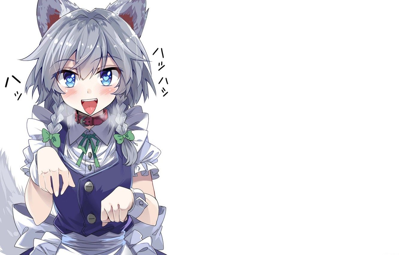 Wallpaper joy, tail, white background, blue eyes, ears, grey hair, the maid, Izayoi Sakuya, Touhou Project, Project East, wolf girl image for desktop, section игры