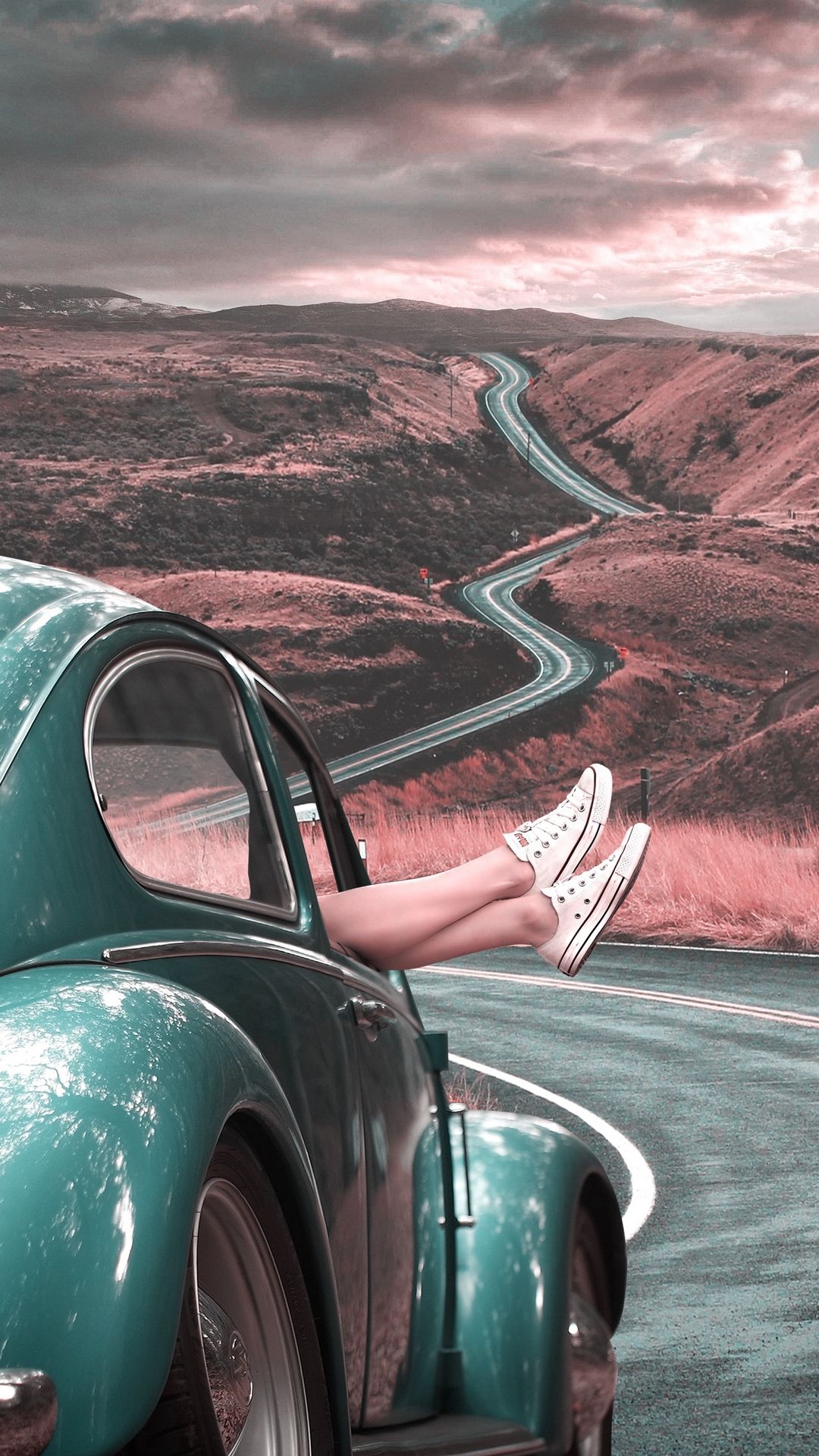 Download wallpaper 1080x1920 legs, car, retro, road, marking