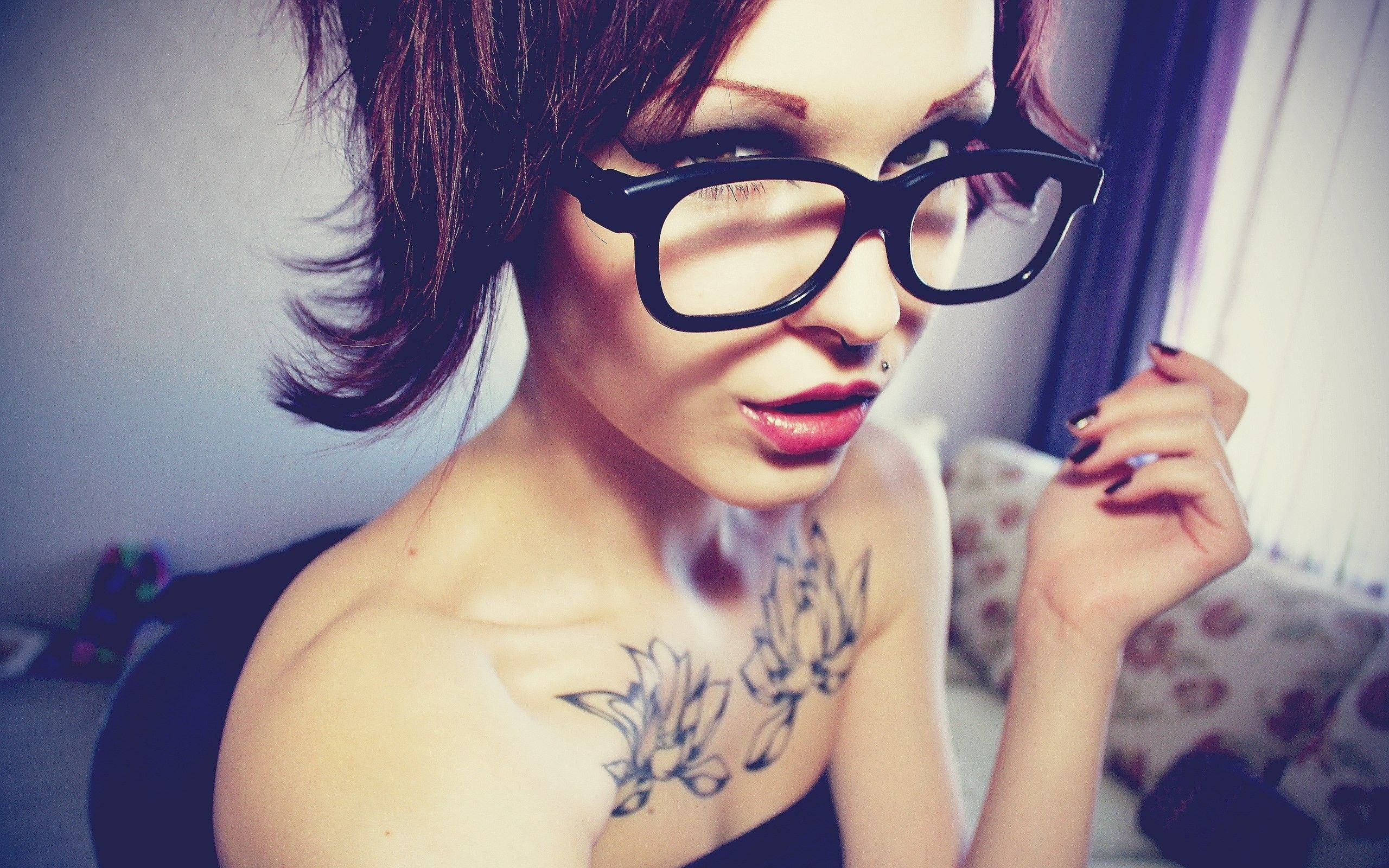 brunettes, tattoos, women, piercings, girls with glasses