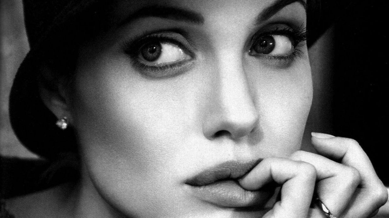 Women black and white actress Angelina Jolie lips monochrome faces