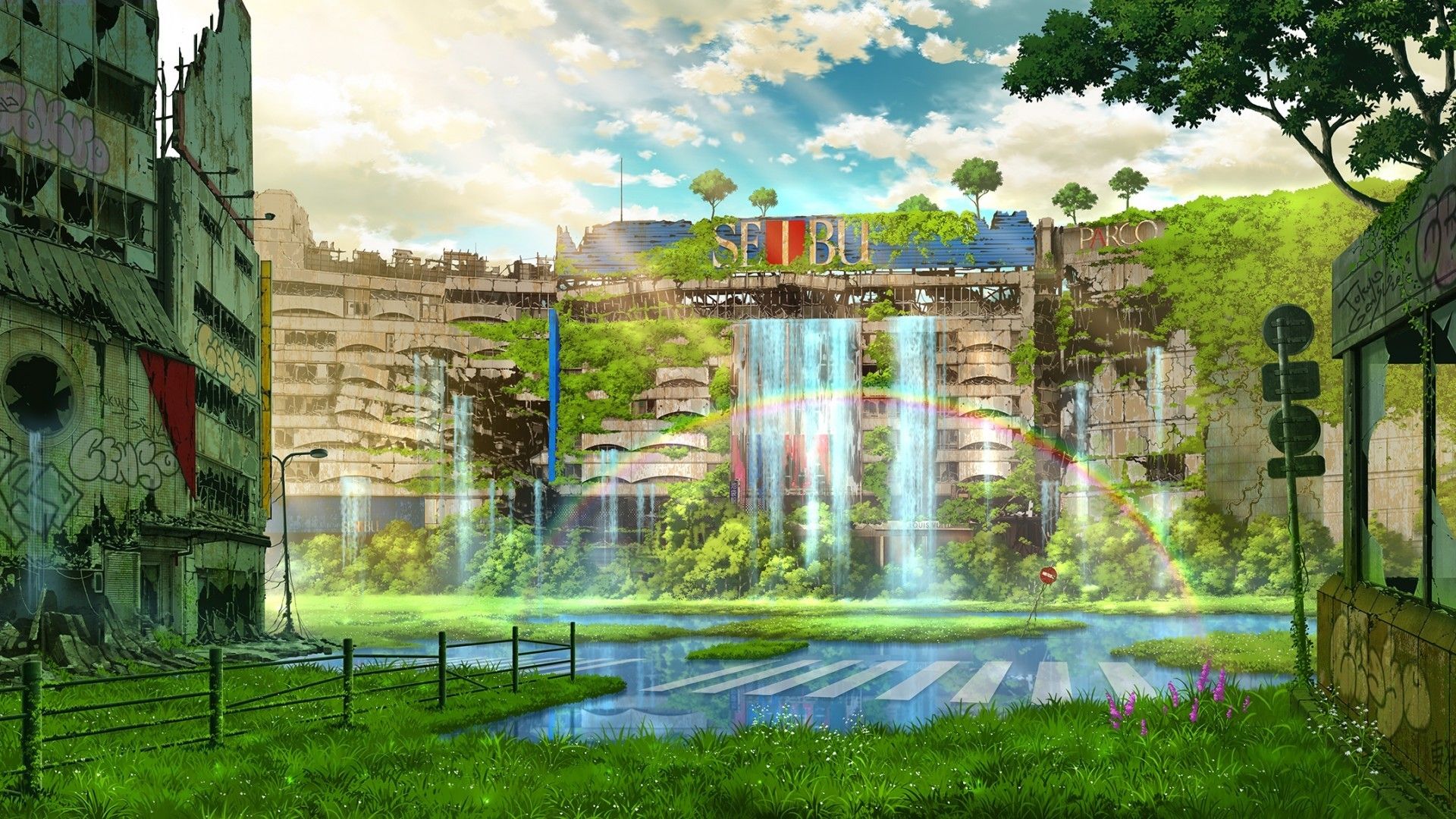 Download 1920x1080 Anime Post Apocalyptic, Waterfall, Rainbow