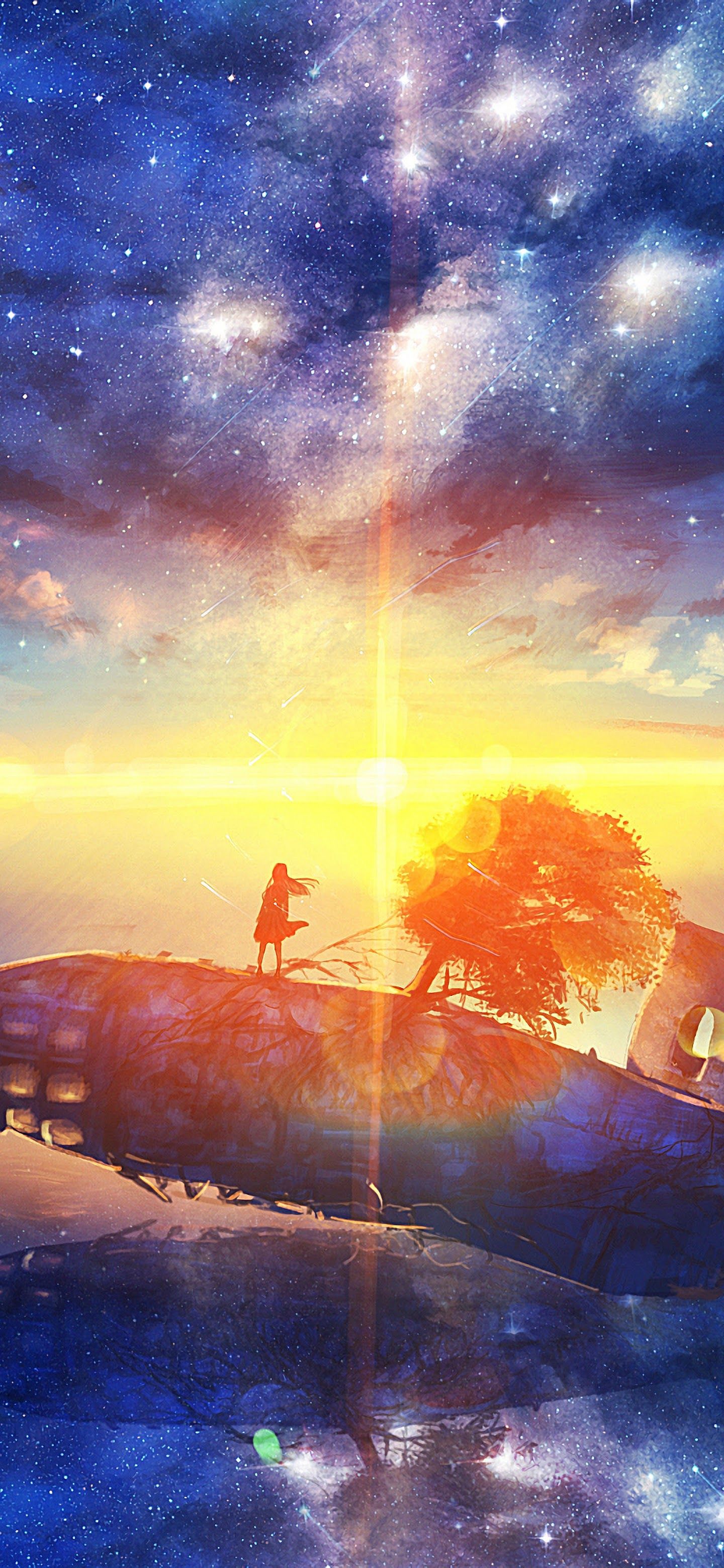 Sunrise Anime Scenery Horizon Stars 4K Wallpaper
