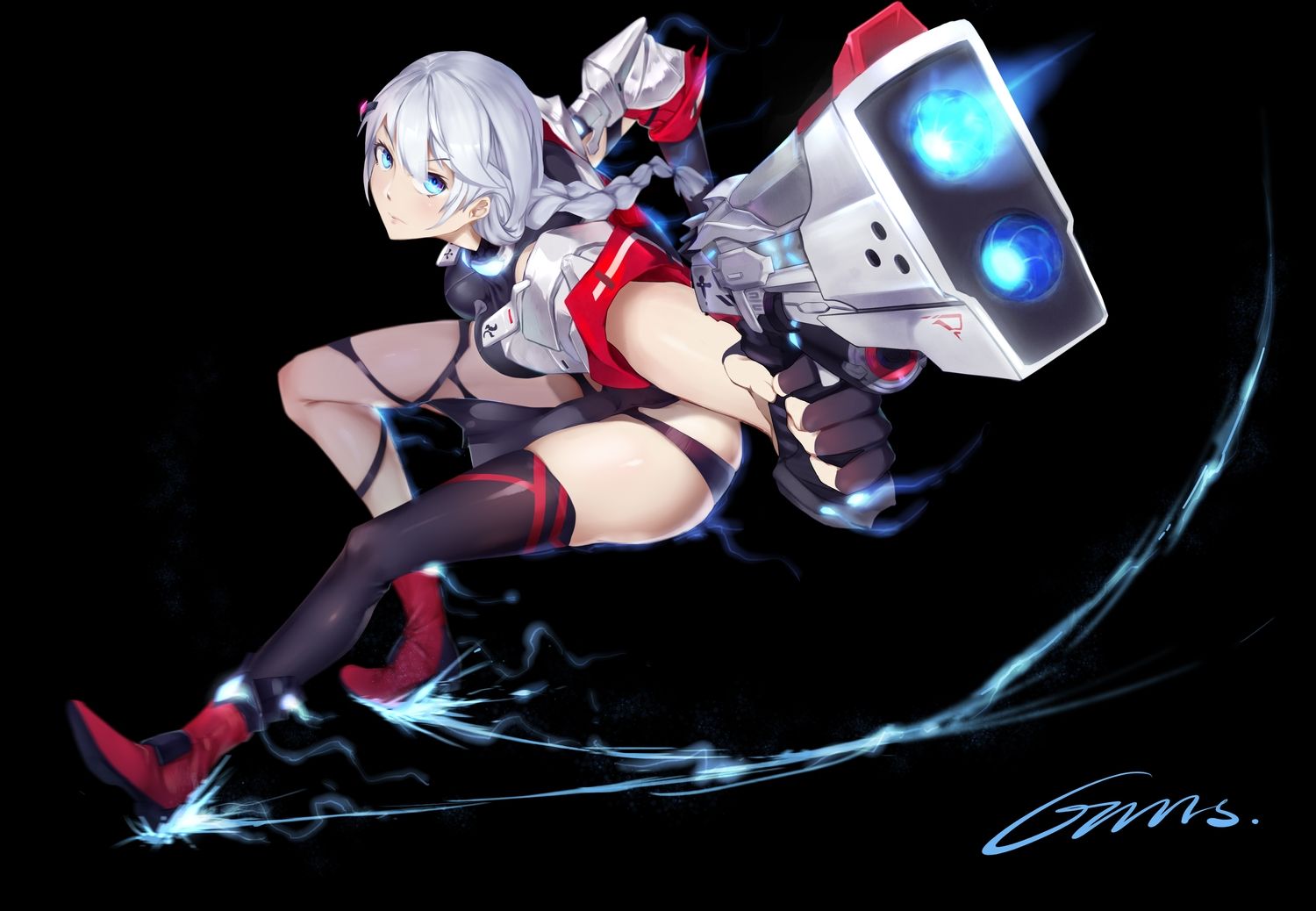 aqua eyes braids gloves gun honkai impact kallen kaslana long hair