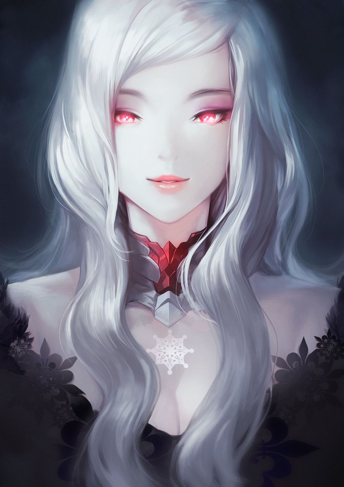 Gray haired female anime character, red eyes, white hair, portrait.
