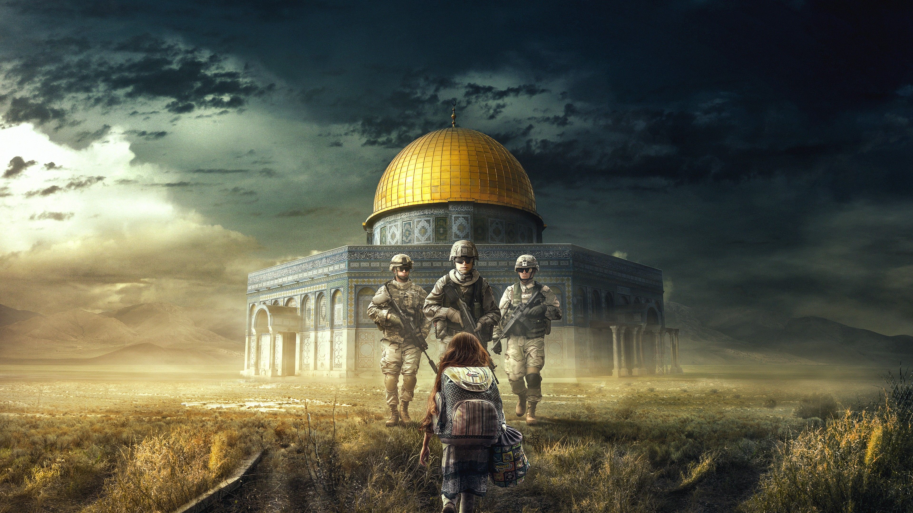 Wallpaper Al Aqsa Mosque, Soldiers, War, Girl, 4K, Creative