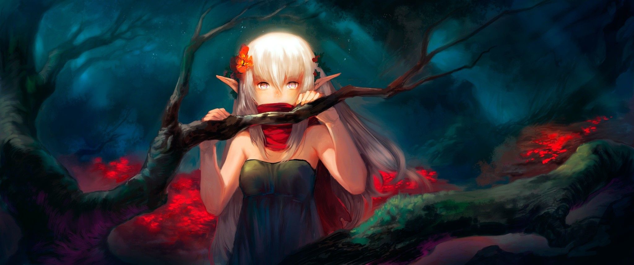 #gray hair, #elves, #anime girls, #anime, #trees, #forest