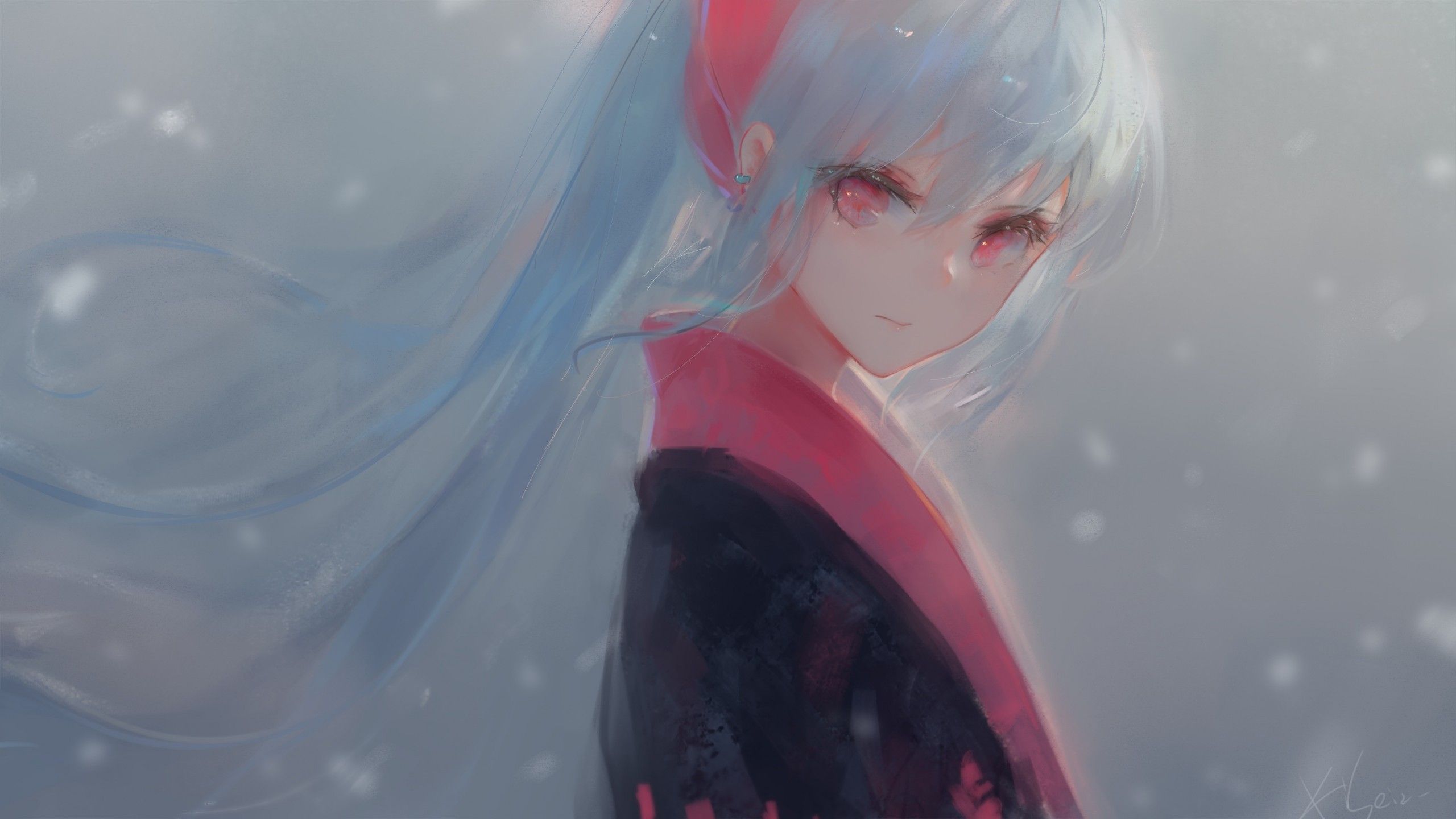 Download 2560x1440 Anime Girl, Gray Hair, Kimono, Painting, Red