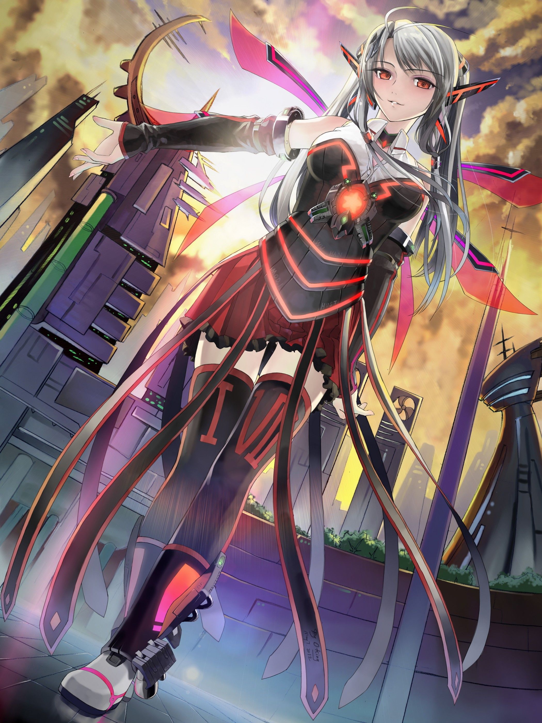 robot, futuristic, red eyes, thigh highs, gray hair, anime girls
