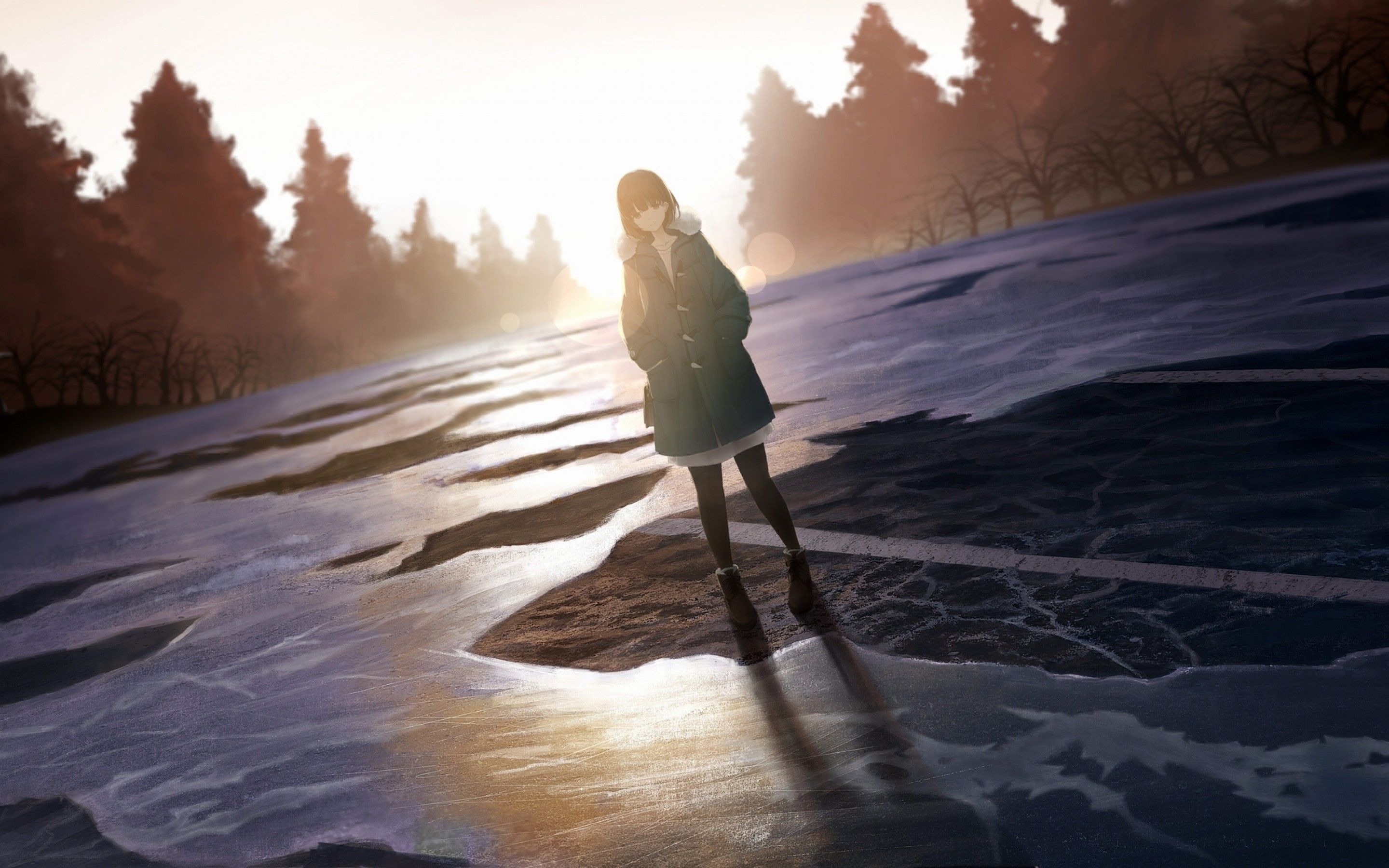 Download 2880x1800 Lonely Anime Girl, Sunlight, Bokeh, Trees