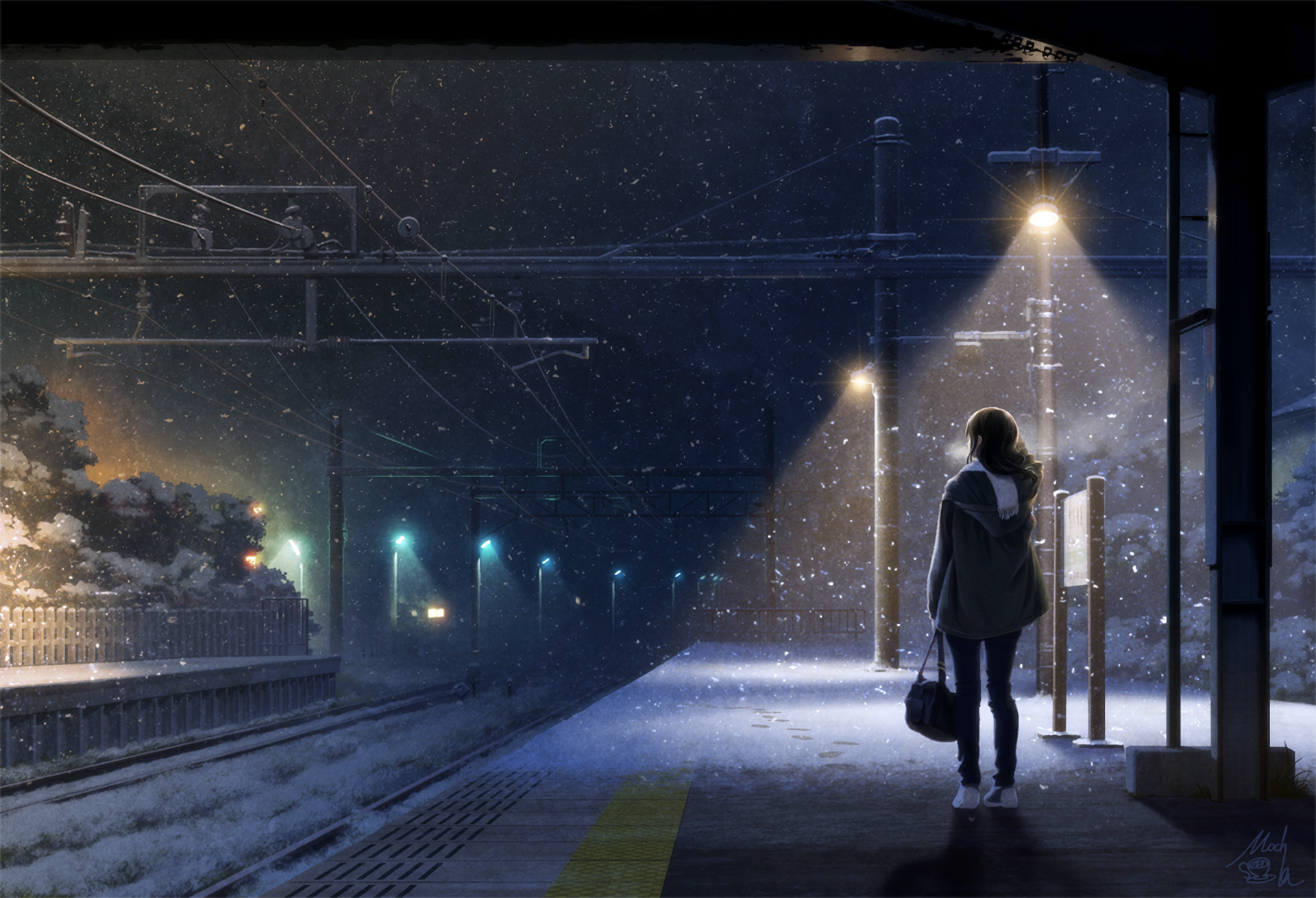 Anime Original Scarf Girl Winter Train Station Snow Original (Anime) Wallpaper. Anime scenery, Anime background wallpaper, Anime wallpaper