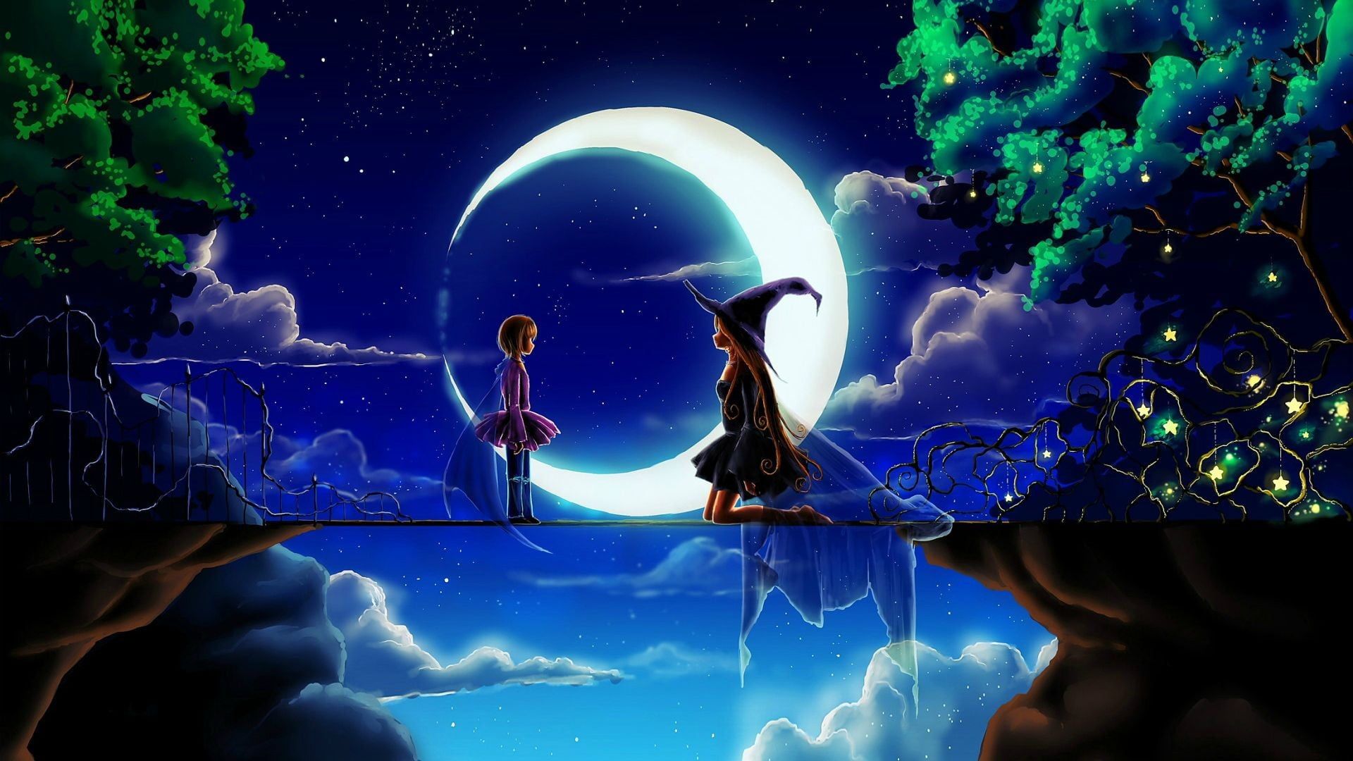 Girl and witch wallpaper, anime, anime girls, night, sky HD