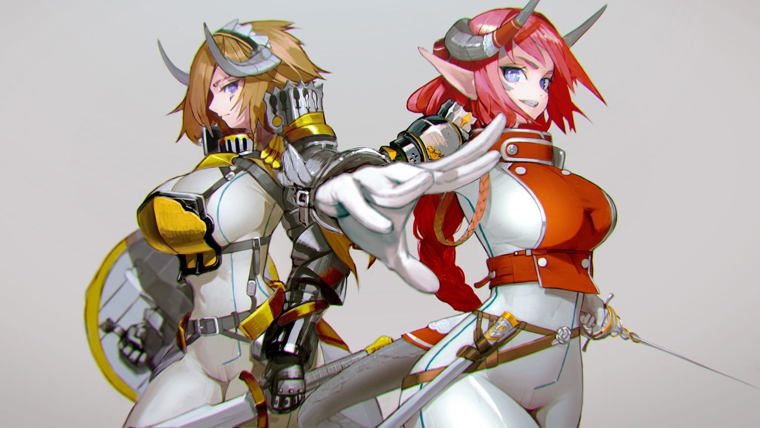 armor blue eyes bodysuit braids breasts brown hair gloves gray