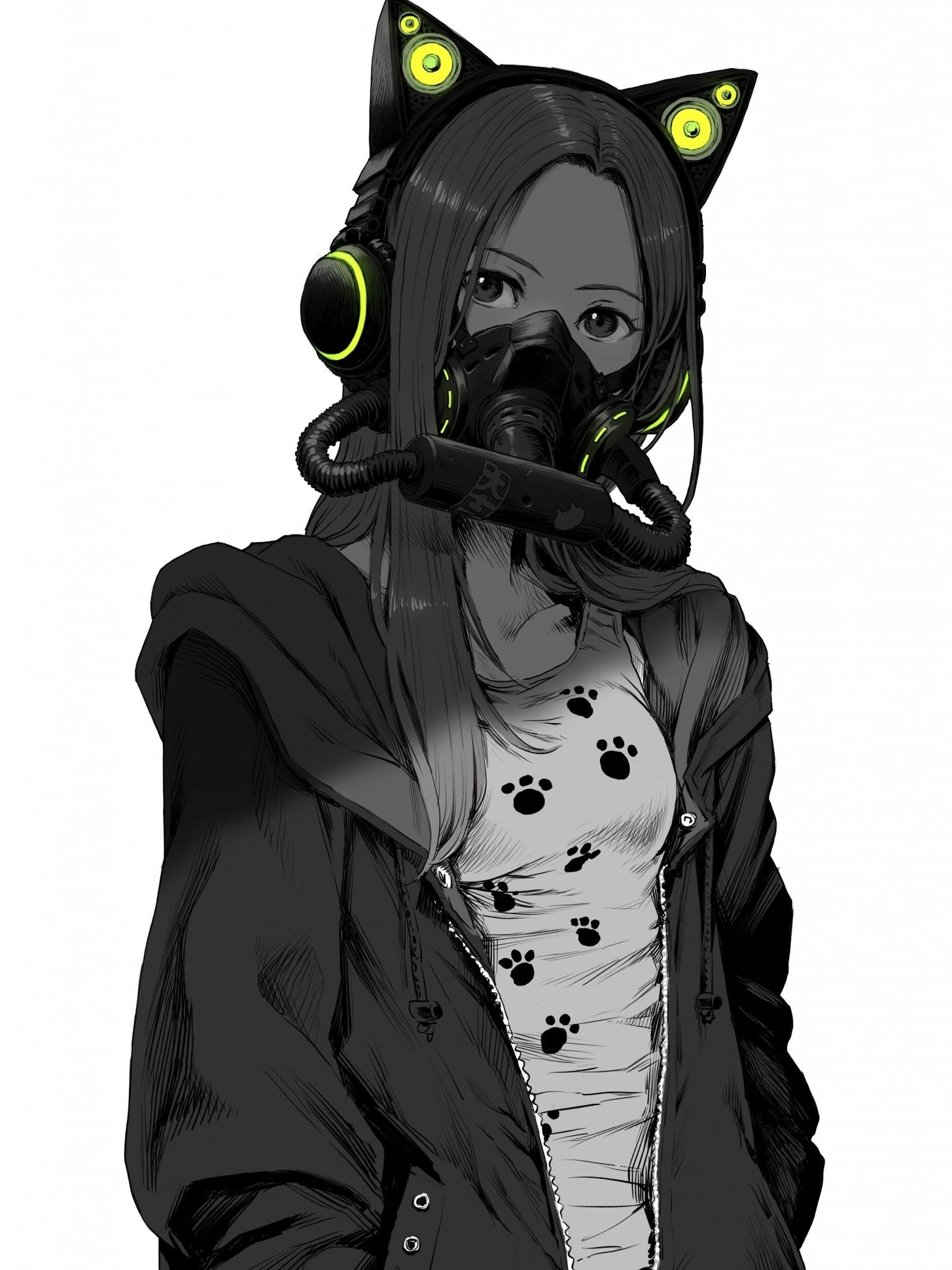 Download 1536x2048 Anime Girl, Mask, Jacket, Black And White