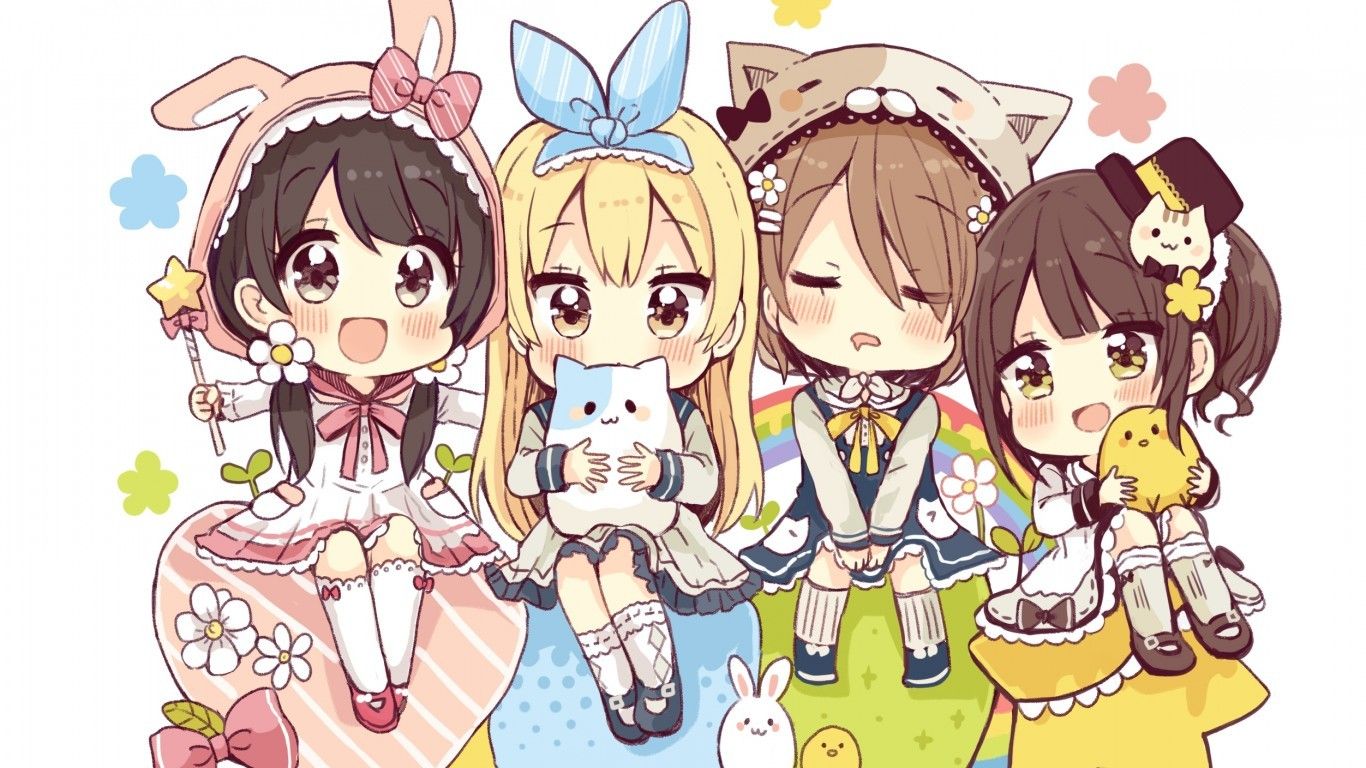 Download 1366x768 Anime Girls, Chibi, Cute, Friends Wallpaper