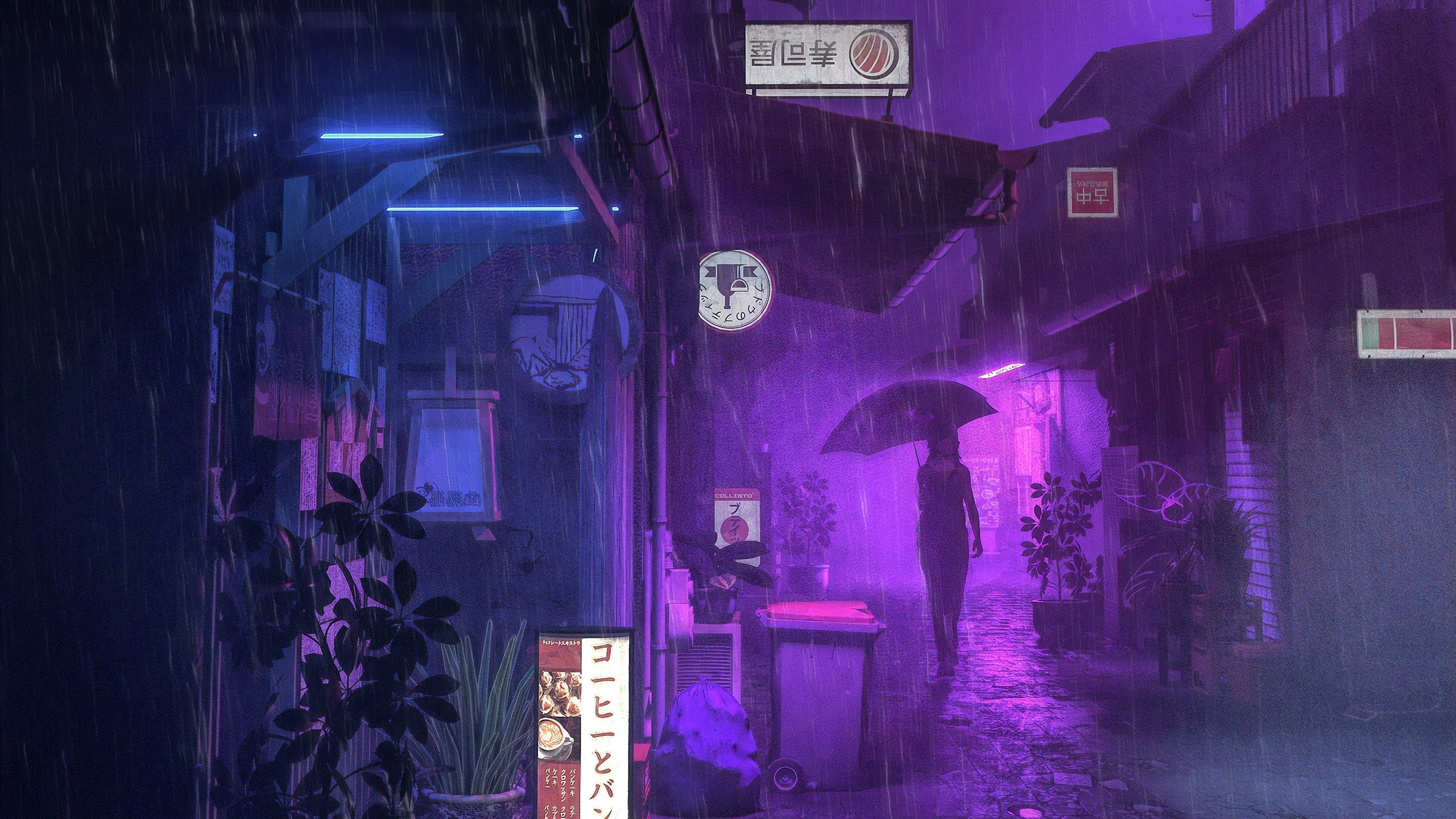 Village Street Neon Girl Umbrella, HD Anime, 4k Wallpaper, Image