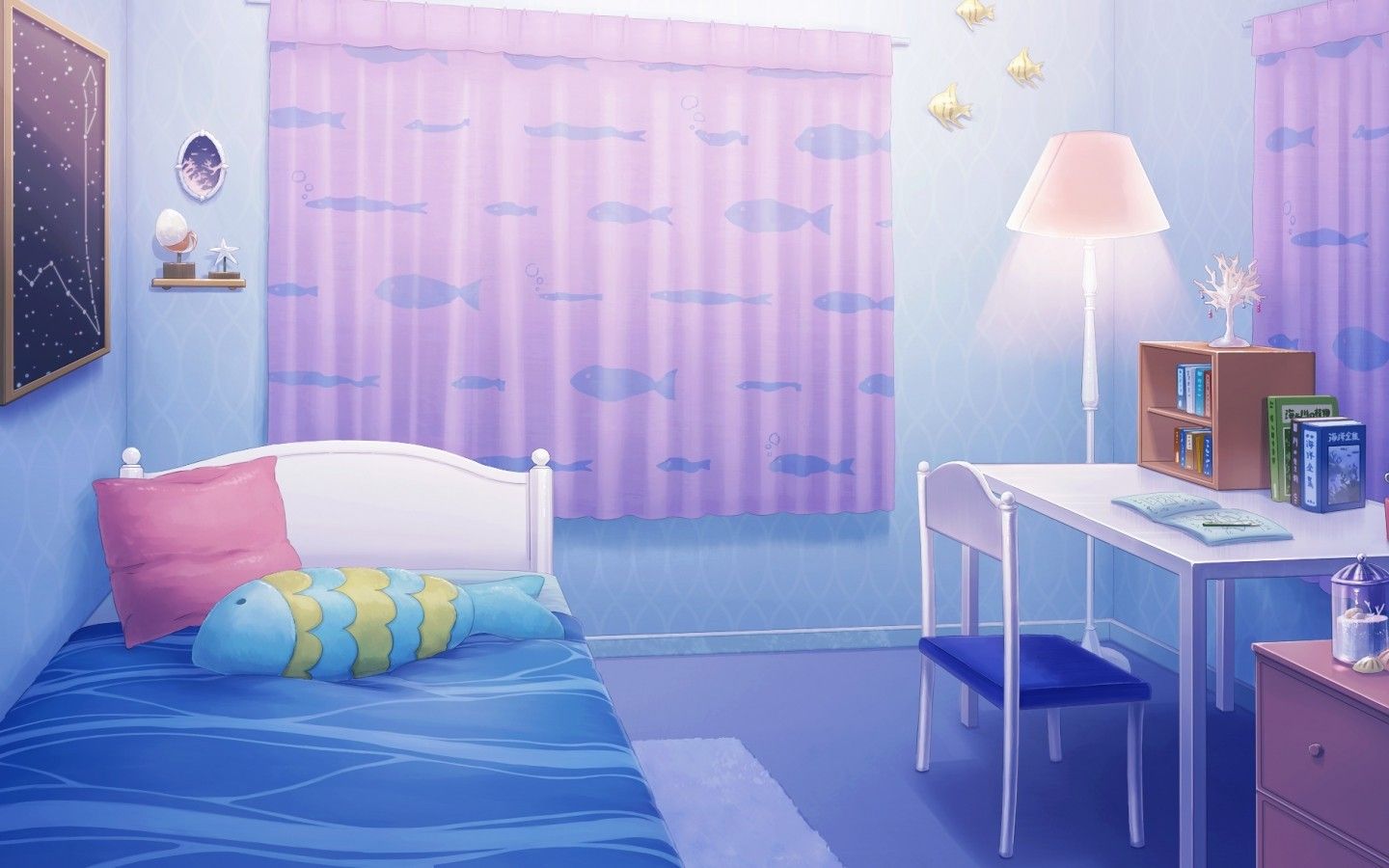 Download 1440x900 Anime Room, Bed, Desk, Curtains, Cute Wallpaper
