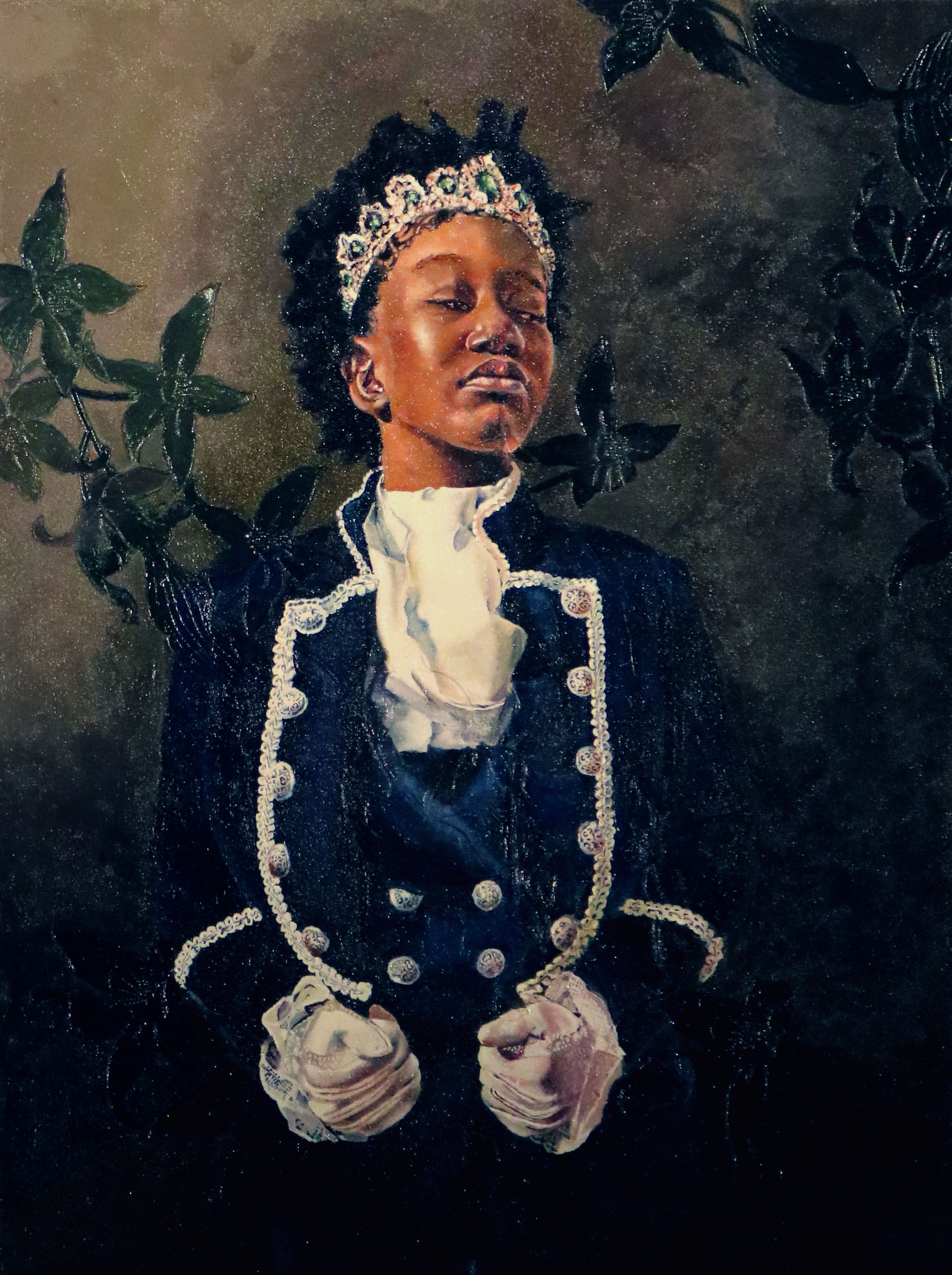 Her Gracefulness Oil and Wallpaper on Board 90x65 2019. Dear