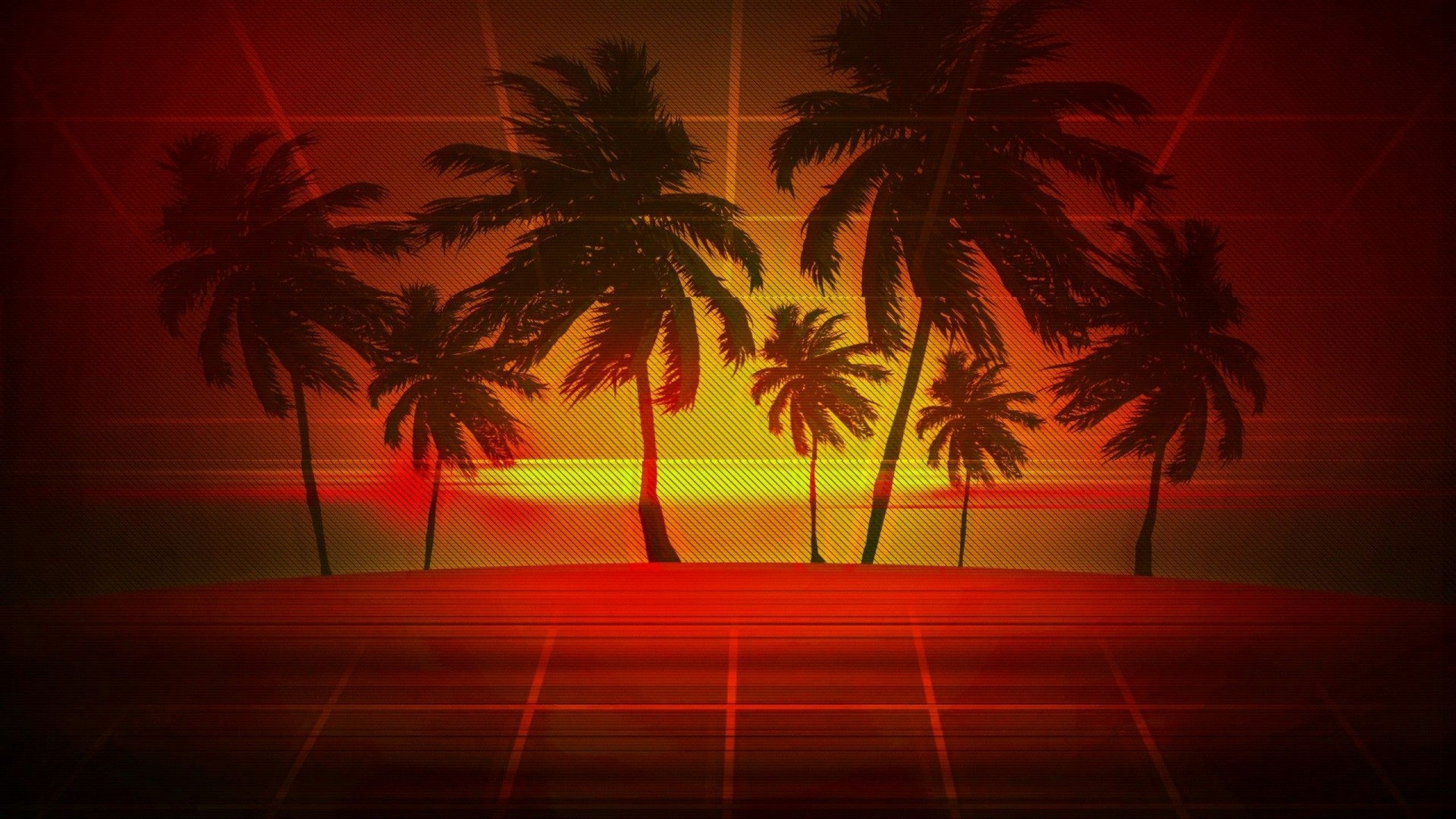 Download 2560x1440 Retrowave, Tropical, Palm Tree, Vaporwave