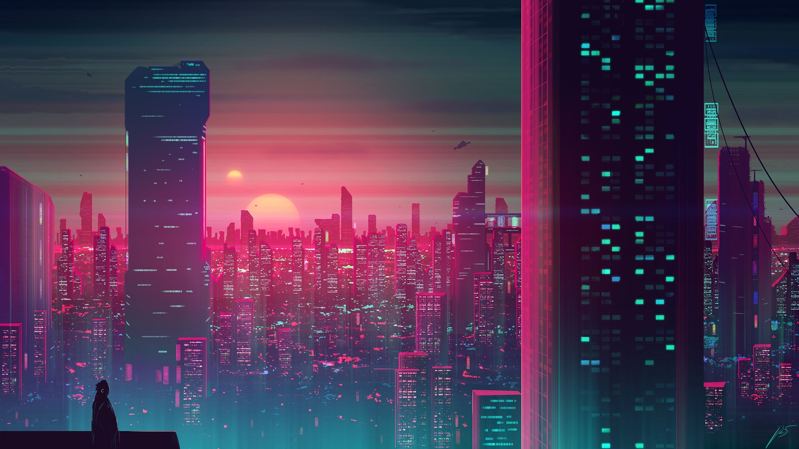 Retro wave sci fi city at sunset HD Wallpapers