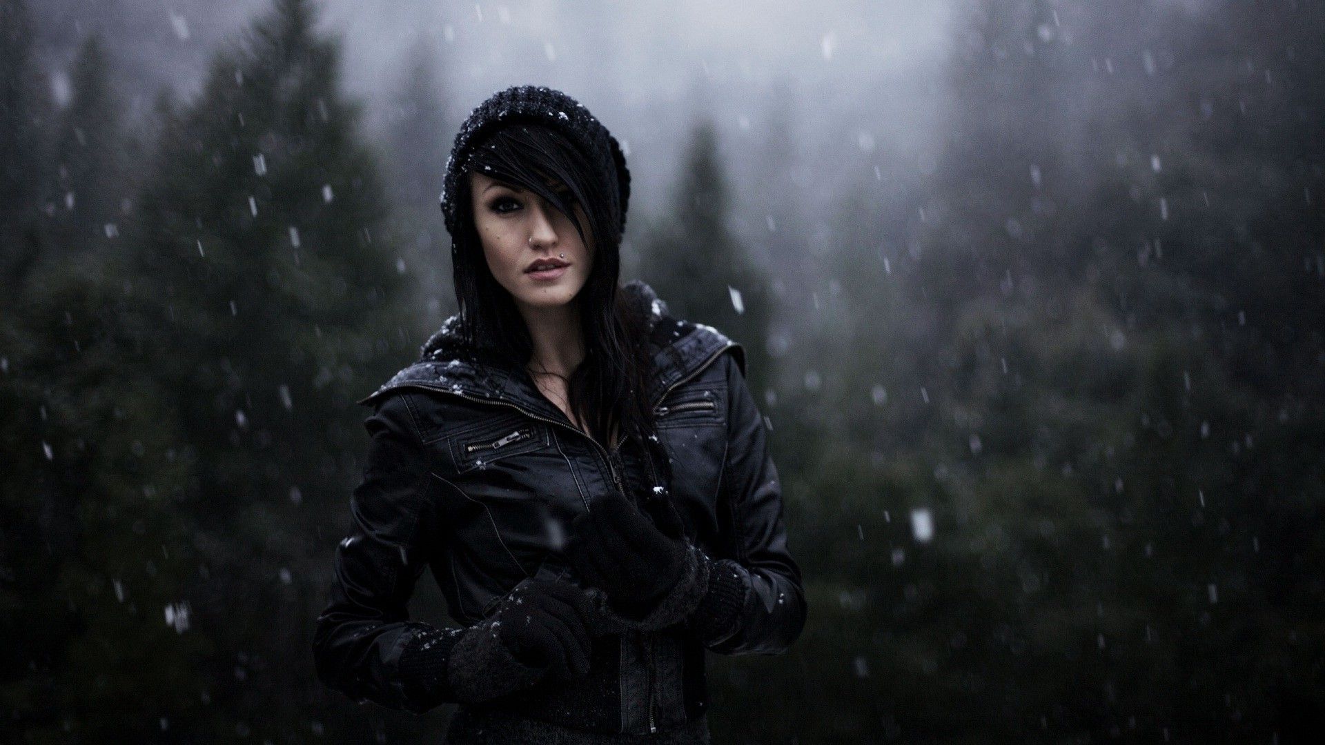 winter, Women, Piercing, Emo, Black Hair, Nature, Depth Of Field, Snow, Forest, Face, Leather Jackets, Gloves Wallpaper HD / Desktop and Mobile Background
