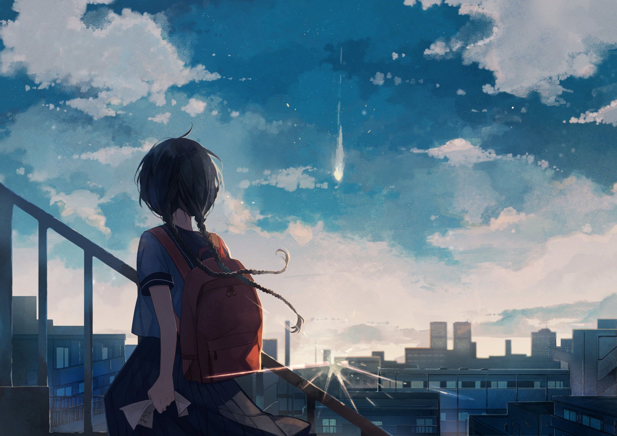 Black Haired Female Anime Character Illustration, Sky Blue, Clouds