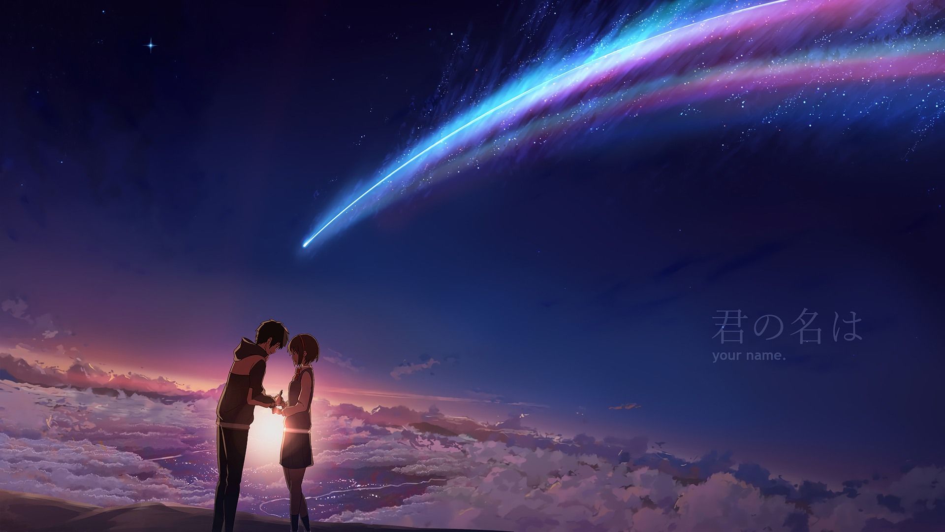 Taki and Mitsuha Your Name. Anime Sunrise Scenery Night Sky Comet Wallpaper. Gadis animasi, Objek gambar, Animasi