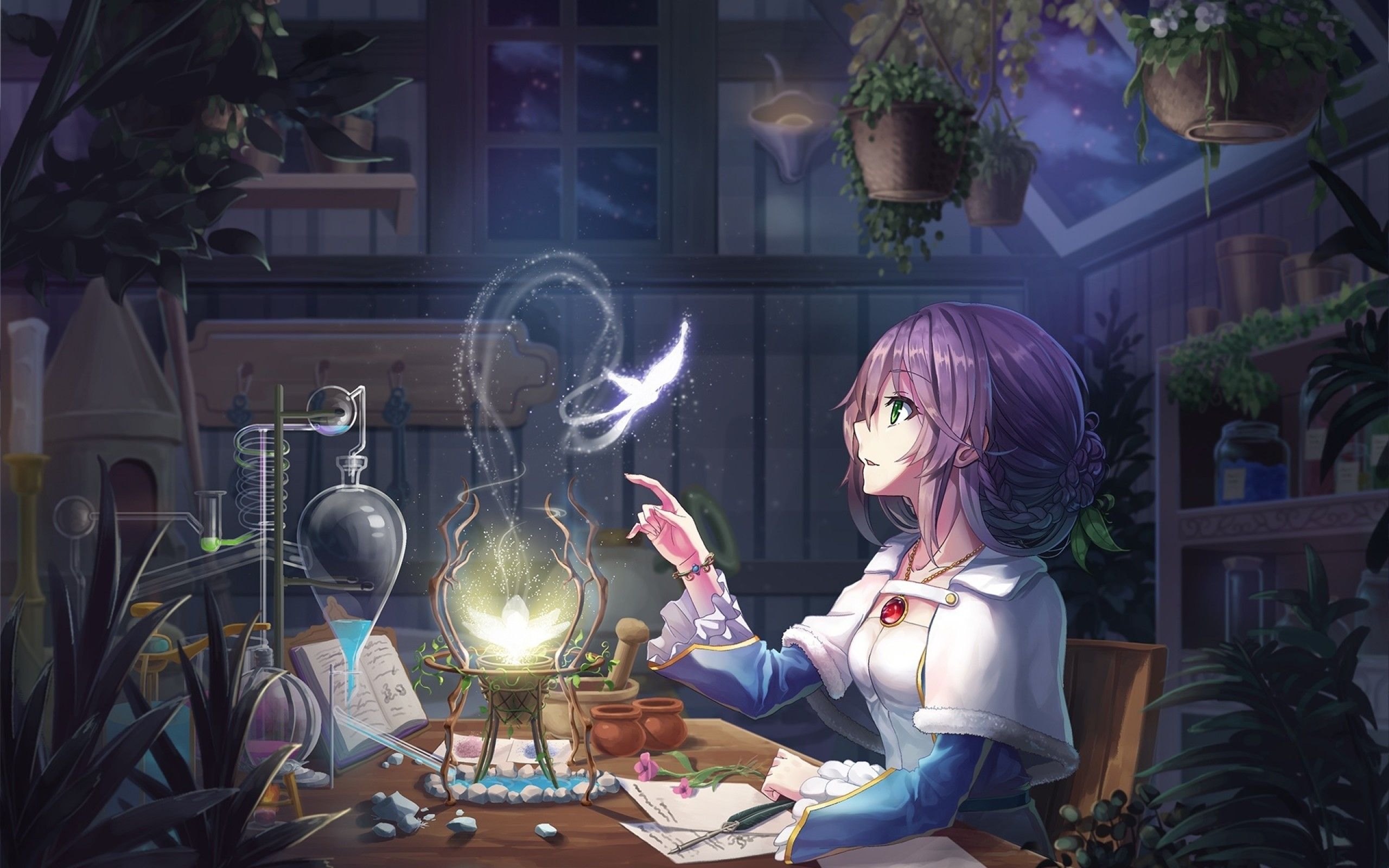 Download 2560x1600 Anime Girl, Purple Hair, Room, Butterfly, Light